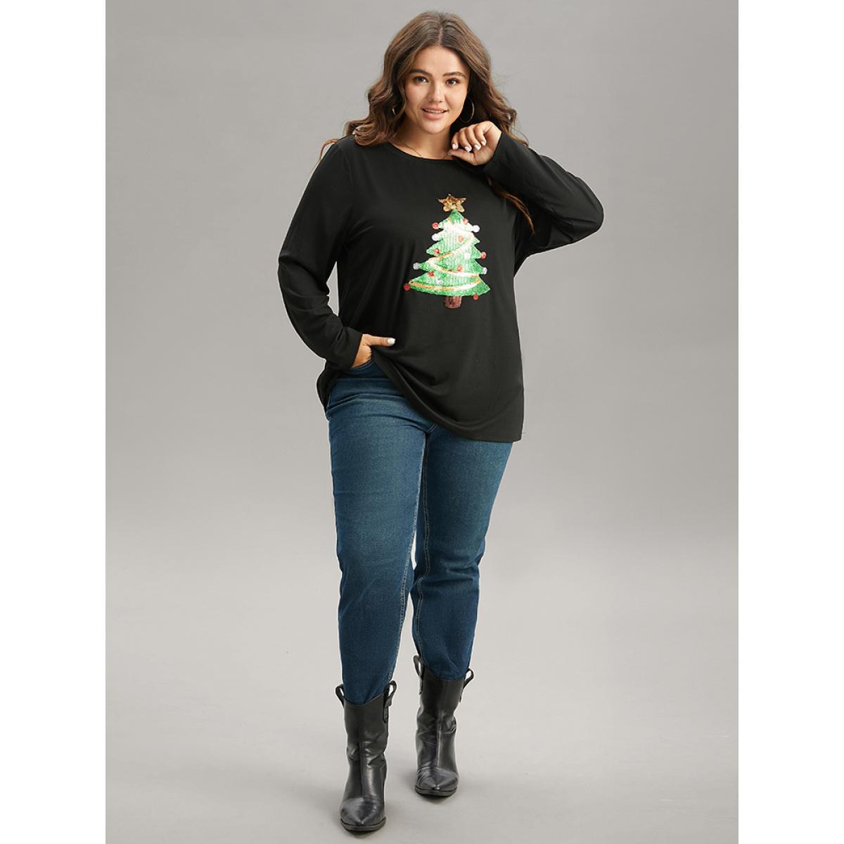 Plus Size Christmas Trees Sequin Round Neck T-shirt Black Women Casual Sequin Christmas Festival-Christmas T-shirts BloomChic 14-16/1X Product Image