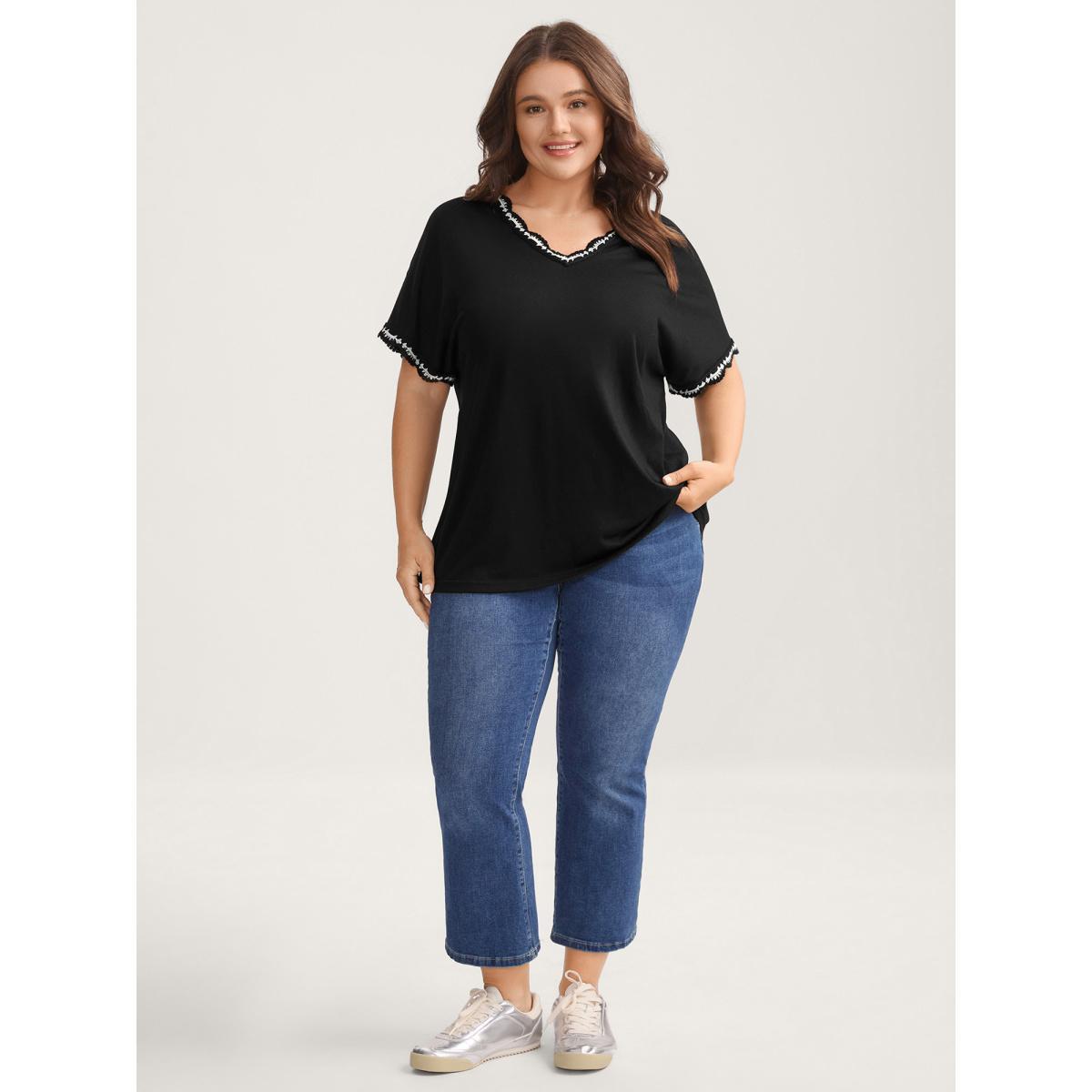 Plus Size Supersoft Stretchy Scalloped Neck Solid T-Shirt Black Women Woven ribbon&lace trim V-neck Everyday-Casual T-shirts BloomChic 18-20/2X Product Image