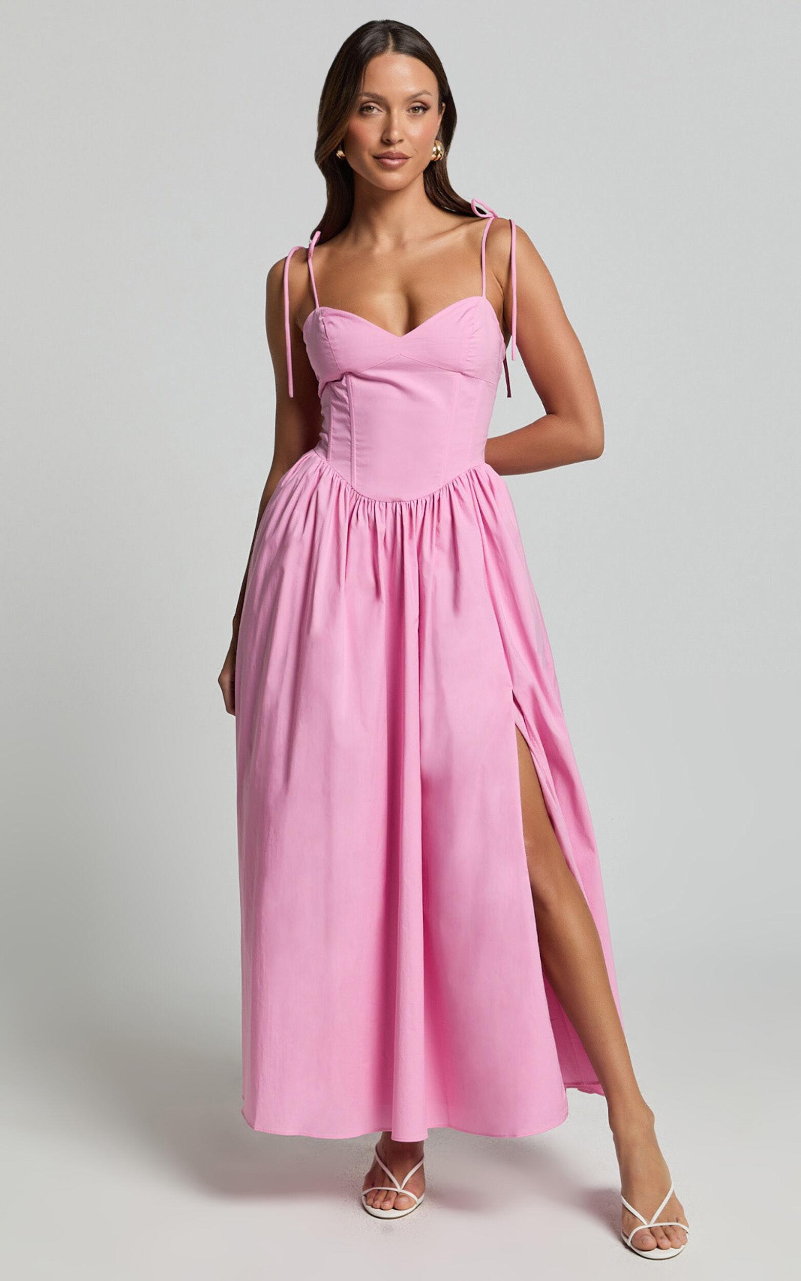 Holly Midi Dress - Corset Lace Up Dress with Split in Musk Pink Product Image