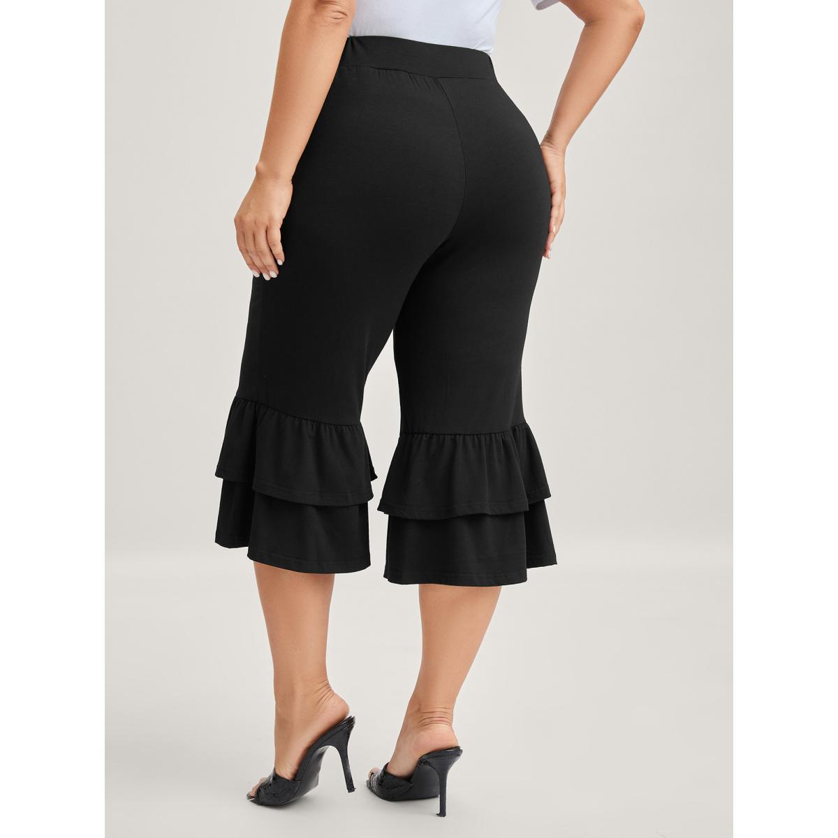 Plus Size Layered Ruffled Flare Hem Pants Women Black Bodycon Mid Rise Everyday-Elegant Pants BloomChic 26/4X Product Image