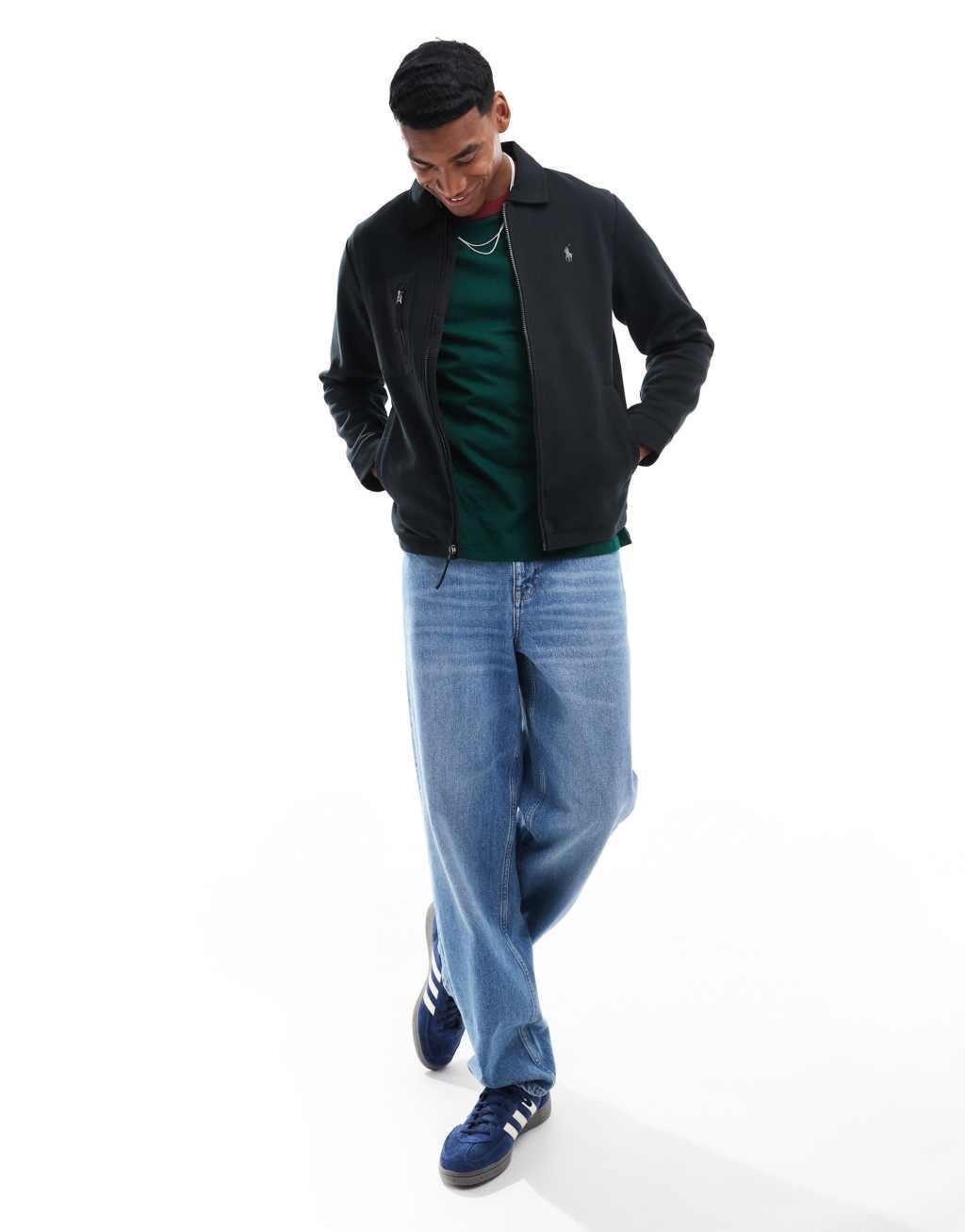 Polo Ralph Lauren icon logo double knit sweat jacket in black Product Image