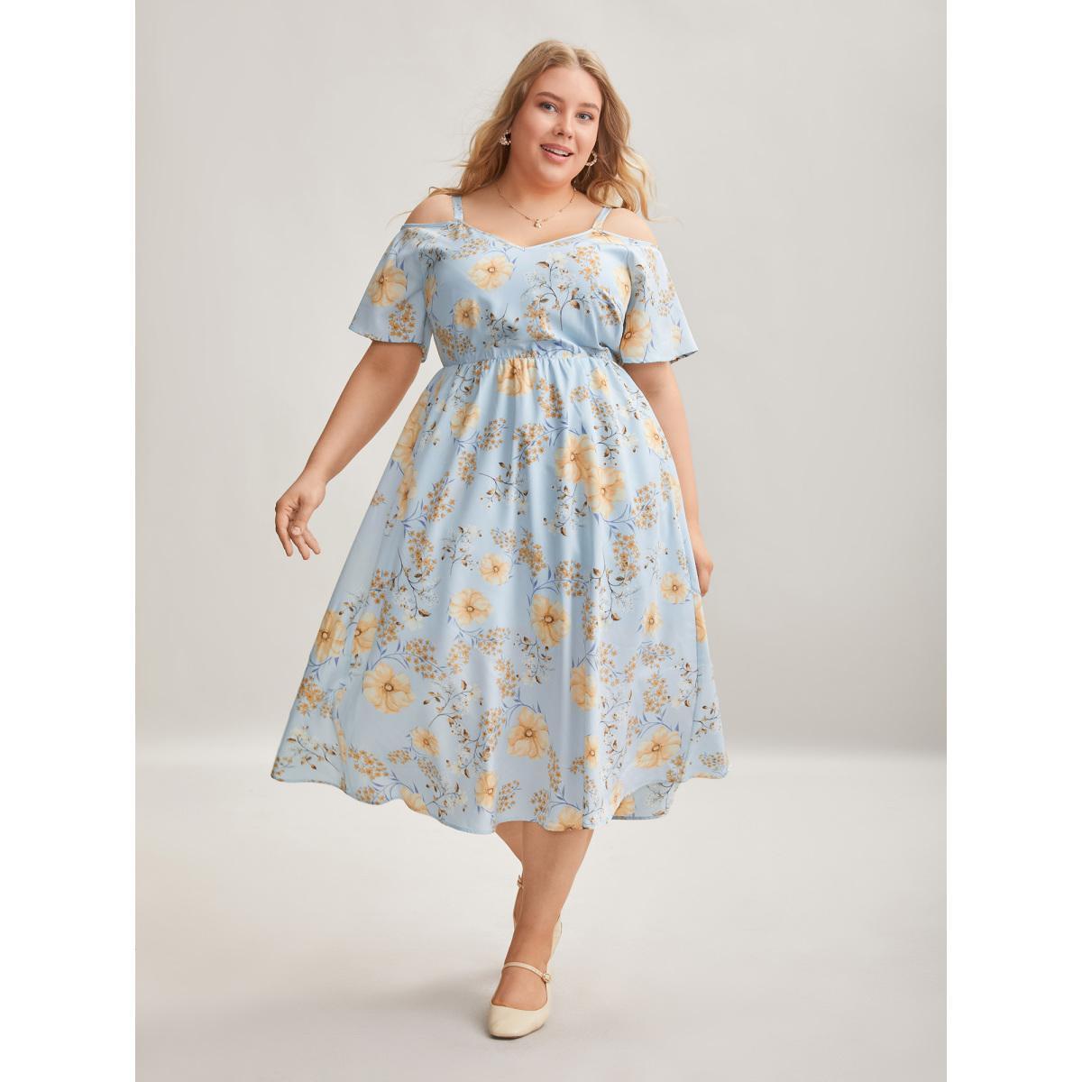 Plus Size Floral Print Cold-Shoulder Pockets Midi Dress LightBlue Women Elegant Non Heart neckline Short sleeve Curvy BloomChic 10/M Product Image