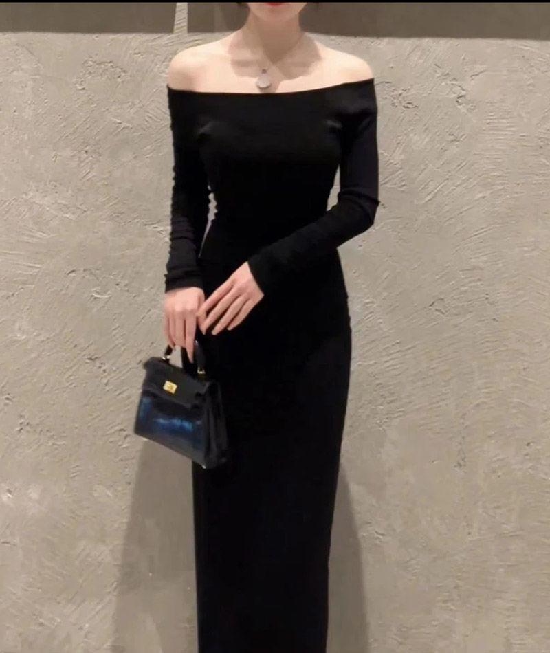 Long-Sleeve Off-Shoulder Plain Maxi Sheath Dress Product Image