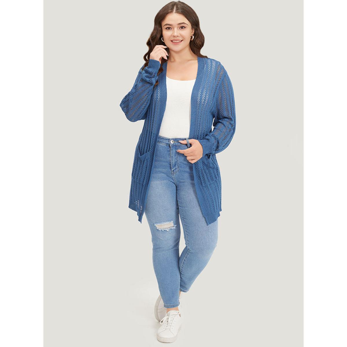 Plus Size Geometric Eyelet Patched Pocket Elastic Cuffs Cardigan Aegean Women Casual Loose Long Sleeve Everyday Cardigans BloomChic 18-20/2X Product Image