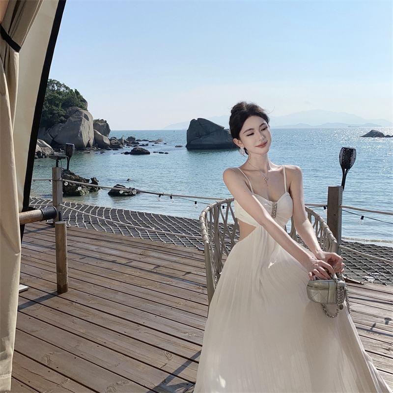 Spaghetti Strap Plain Cutout Rhinestone Midi Sundress Product Image