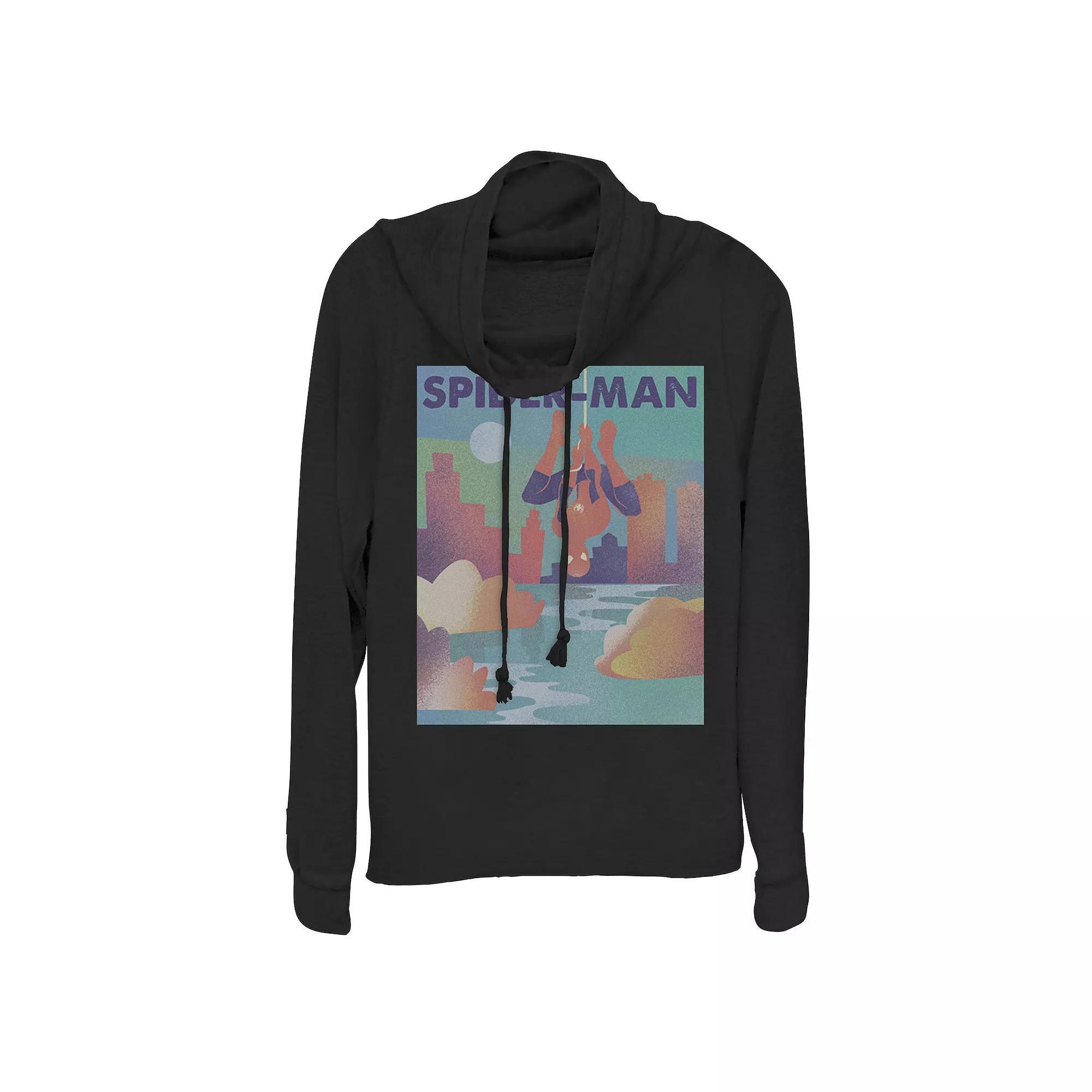 Juniors' Marvel Spider-Man City Skyline Poster Cowlneck Graphic Lightweight Long Sleeve, Girl's, Size: XS, Black Product Image