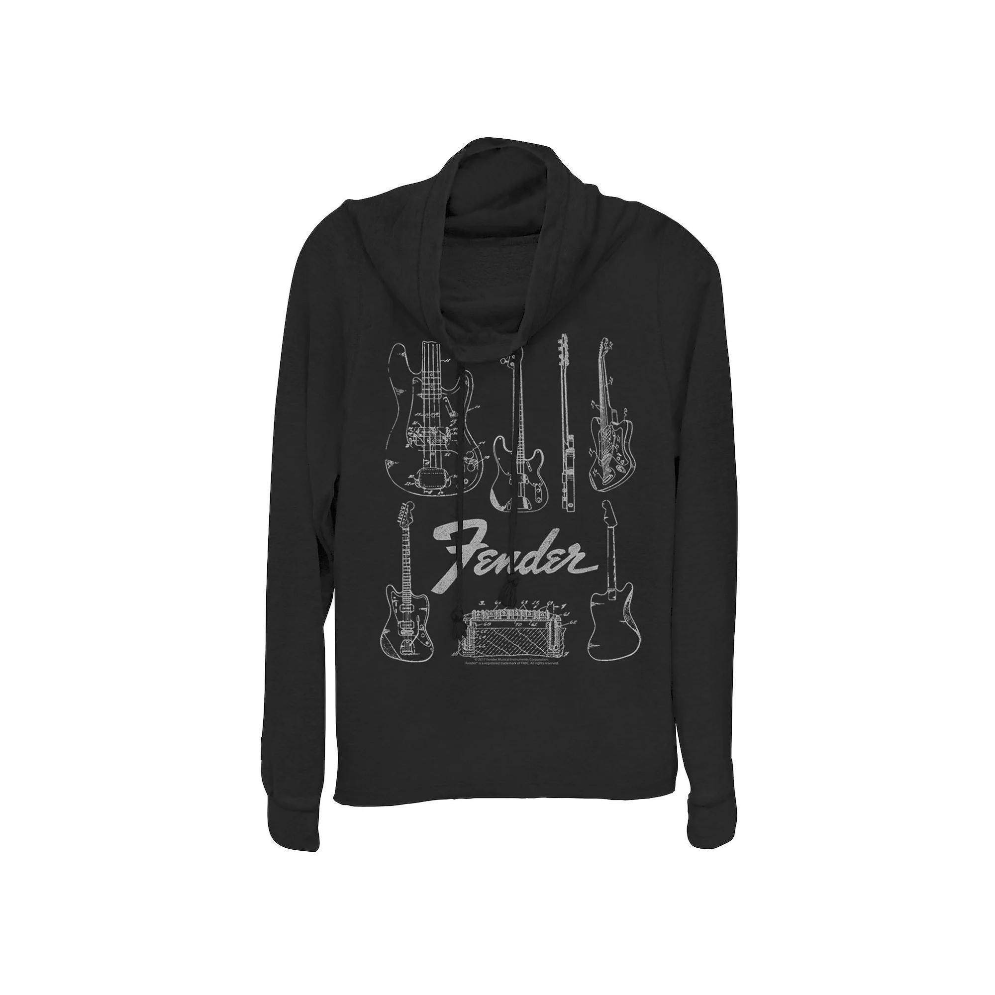 Juniors' Fender Guitars & Amp Cowlneck Graphic Lightweight Long Sleeve, Girl's, Size: XS, Black Product Image