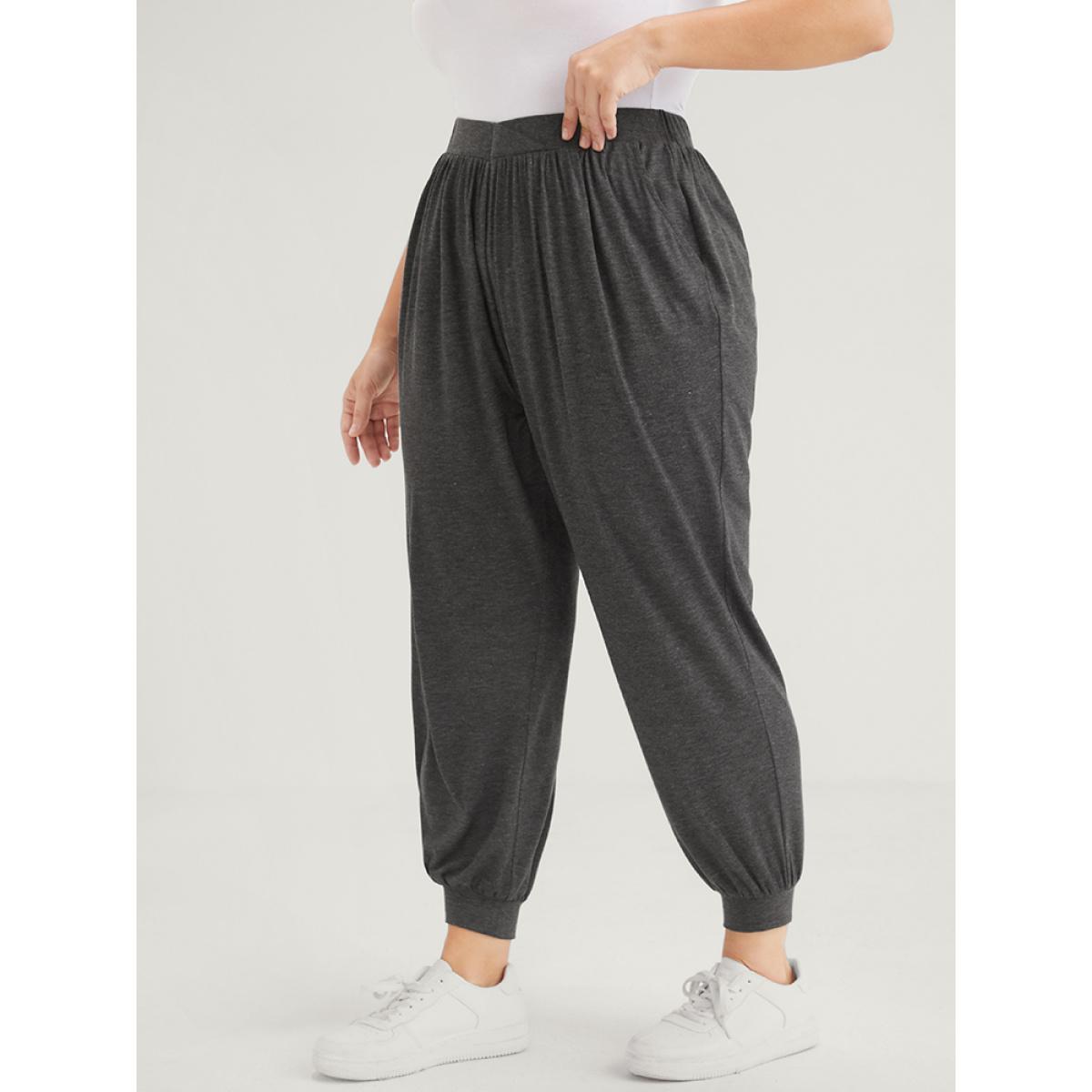 Plus Size Solid Gathered Elastic Waist Pocket Pants Women DimGray Casual High Rise Dailywear Pants BloomChic 28/5X Product Image