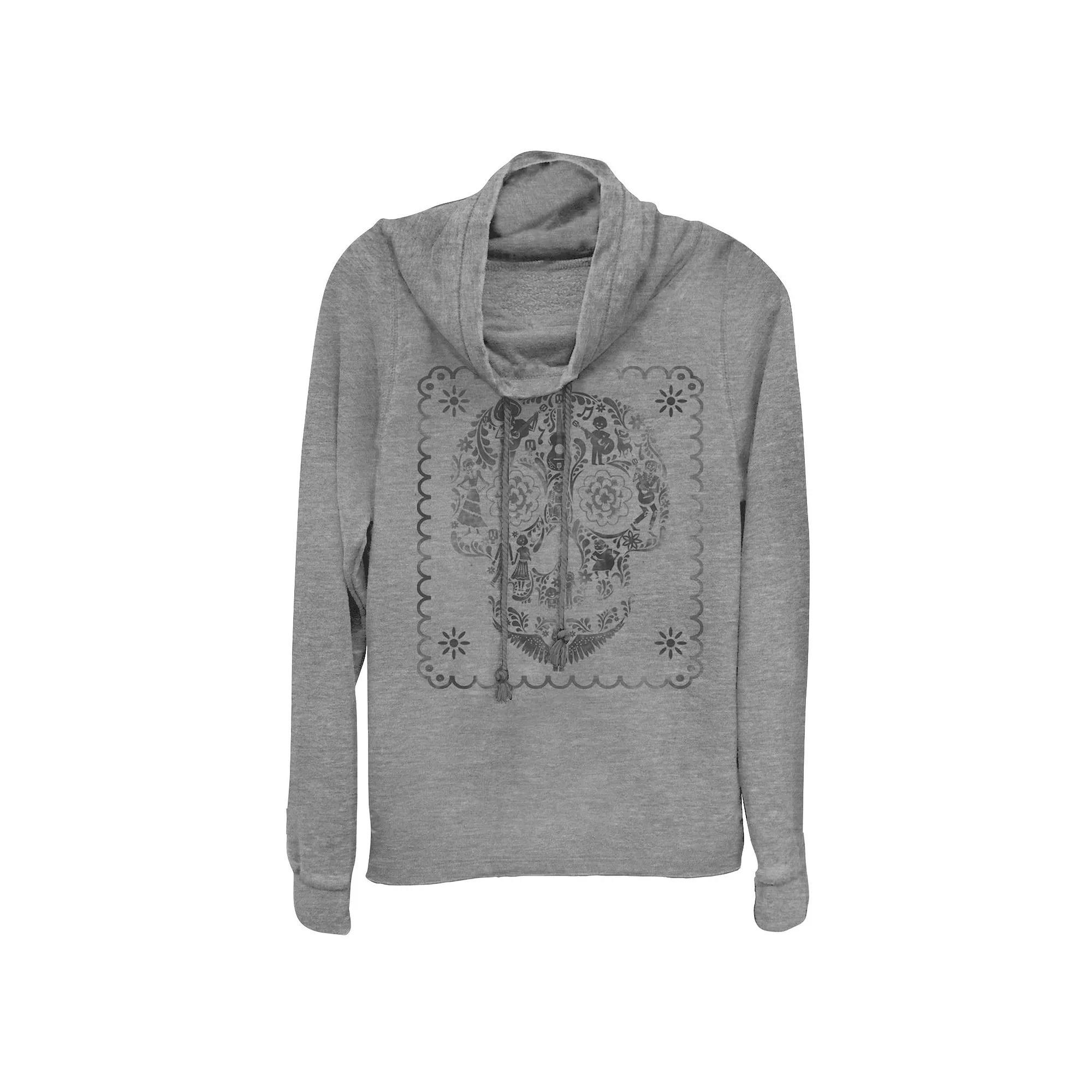Disney / Pixars Coco Sugar Skull Guitar Juniors Cowlneck Graphic Lightweight Long Sleeve, Girls Gray Grey Product Image