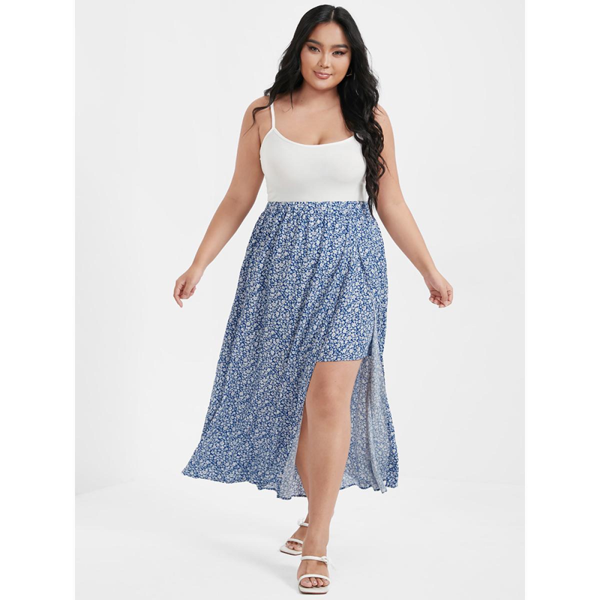 Plus Size Ditsy Floral Printed Irregular Loose Skirt Women LightBlue Elegant Gathered Loose No stretch Dailywear Skirts BloomChic 30/6X Product Image