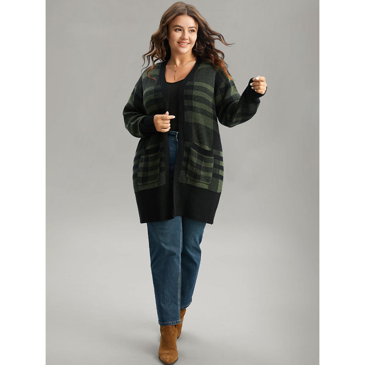 Plus Size Plaid Patchwork Split Side Open Front Cardigan DarkGreen Women Casual Loose Long Sleeve Festival-Christmas Cardigans BloomChic 12/L Product Image