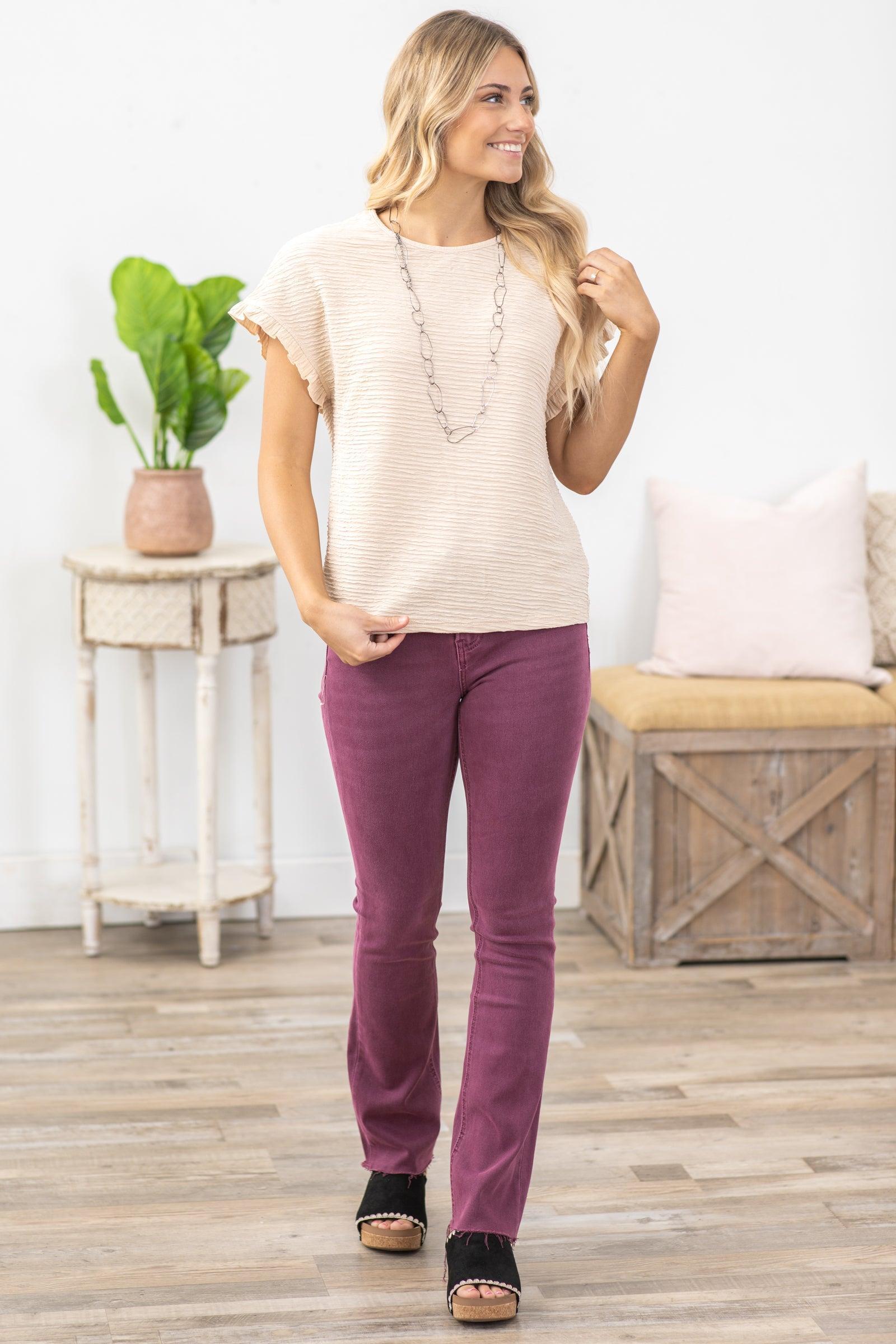 Beige Textured Ruffled Short Sleeve Blouse Product Image