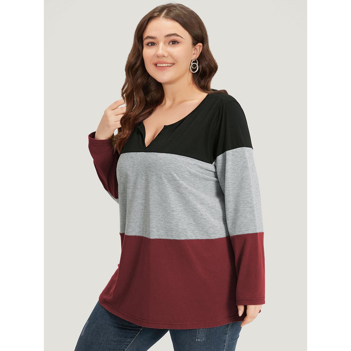 Plus Size Colorblock Contrast Notched Long Sleeve T-shirt Red Women Casual Contrast Plain Notched collar Dailywear T-shirts BloomChic 12/L Product Image