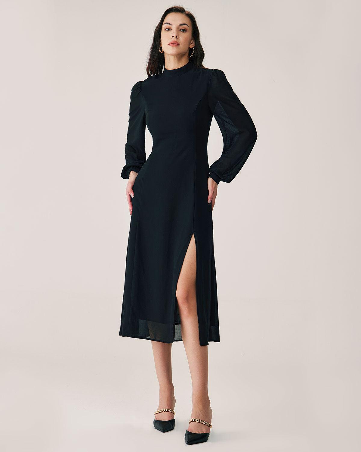 Black Sheer Turtleneck Flowy Midi Dress Product Image