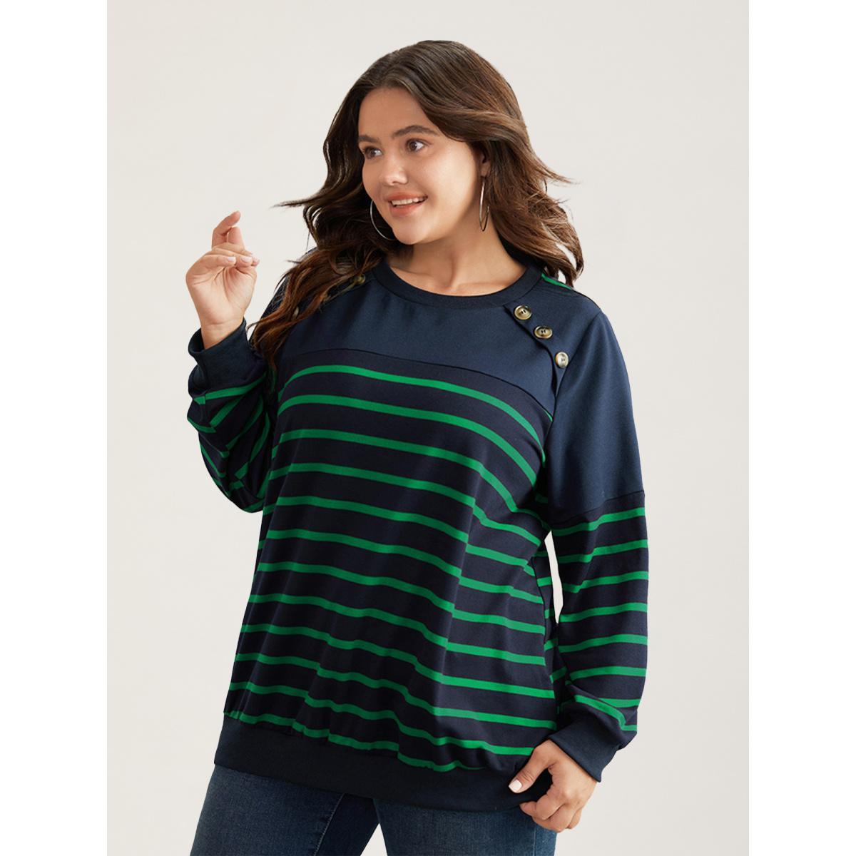 Plus Size Striped Patchwork Button Detail Sweatshirt Women Blue Casual Non Round Neck Everyday Sweatshirts BloomChic 14-16/1X Product Image