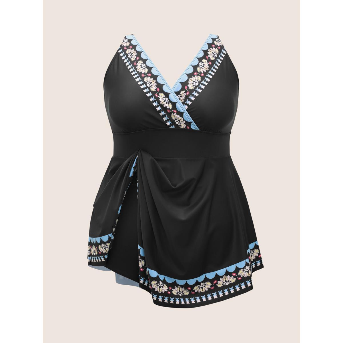 Plus Size Overlap Collar Boho Print Hanky Hem Swim Dress Women's Swimwear Black Beach Bodycon Overlap Collar High stretch Curve Swim Dresses BloomChic 18-20/2X Product Image