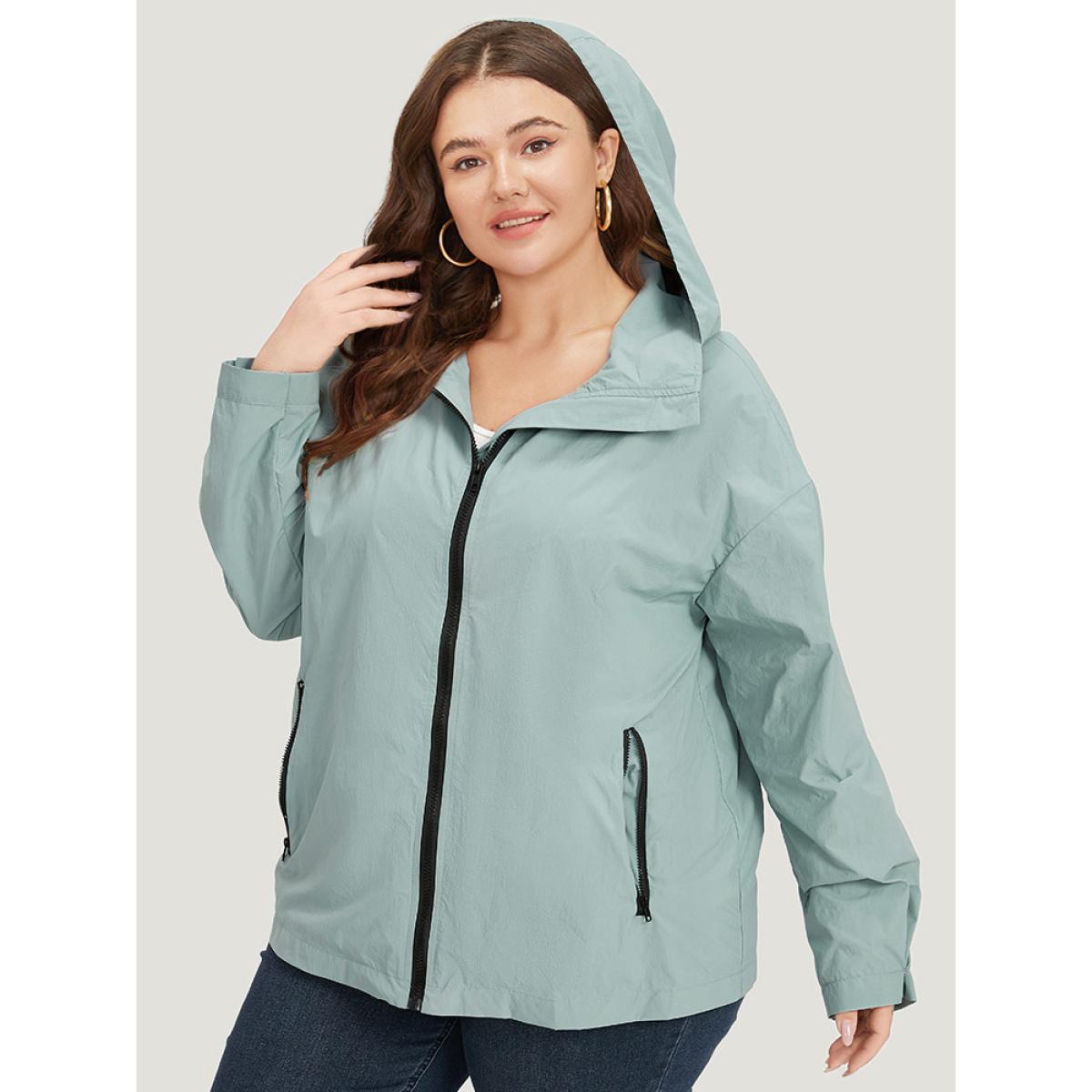 Plus Size Plain Hooded Pocket Zipper Fly Jacket Women SlateGray Plain Pocket Dailywear Jackets BloomChic 26/4X Product Image