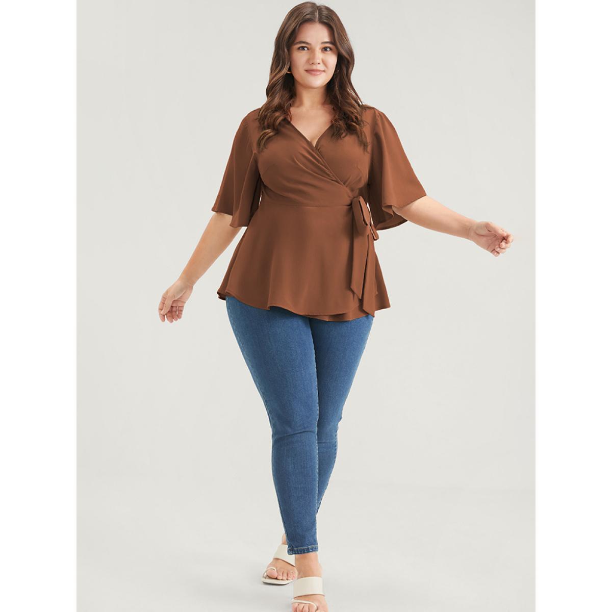 Plus Size Chocolate Plain Ruffles Button Belted Wrap Babydoll Blouse Women Elegant Short sleeve V-neck Dailywear Blouses BloomChic 12/L Product Image