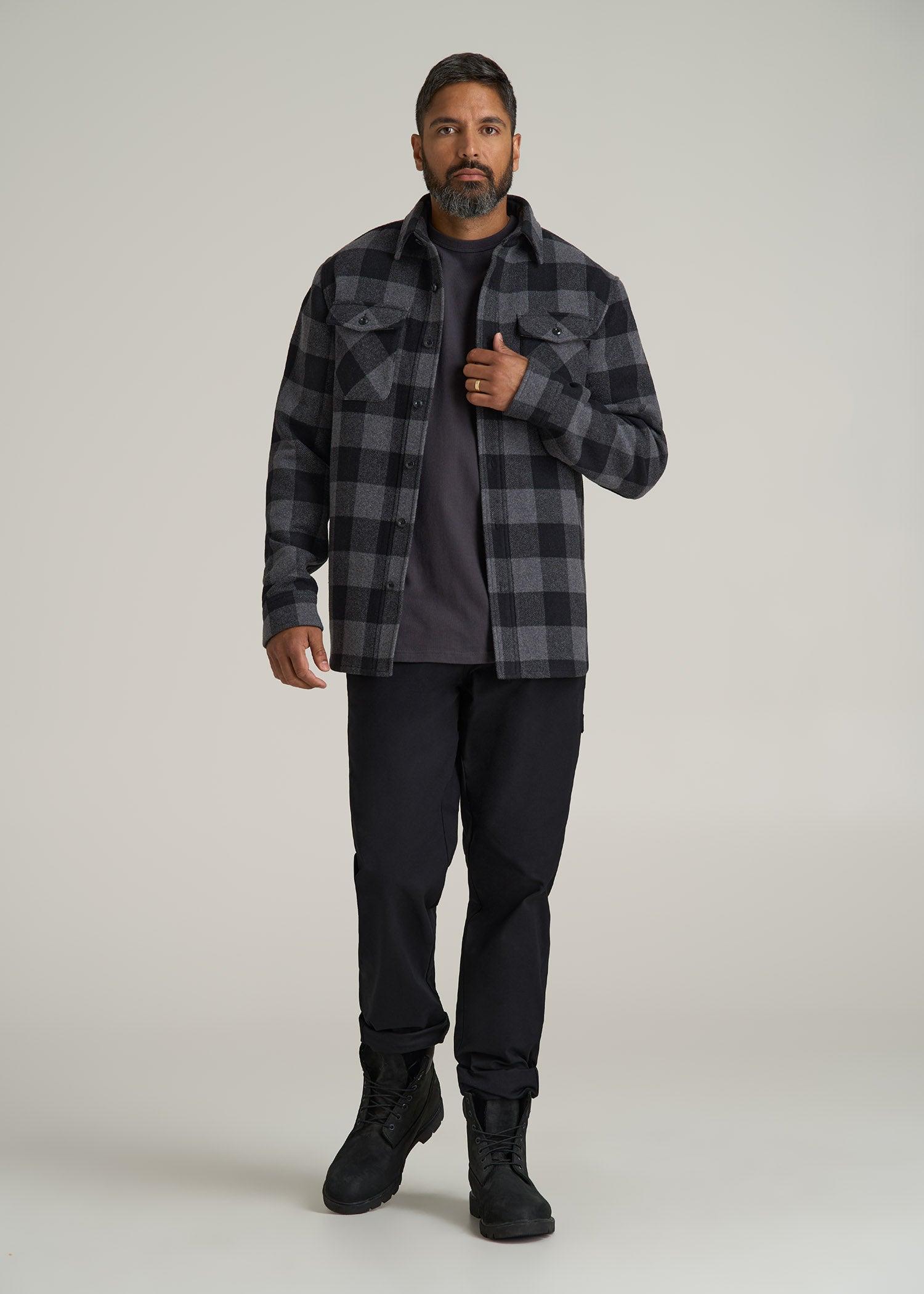 LJ&S Wool Blend Tall Men's Shirt Jacket in Black and Grey Check Product Image