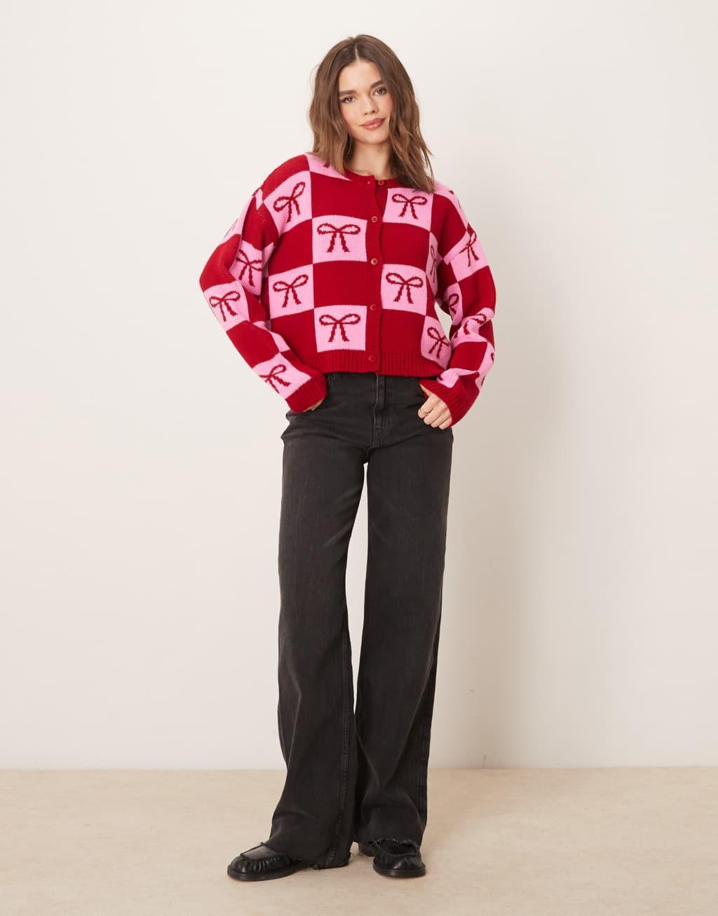Miss Selfridge bow detail cardigan in red and pink Product Image