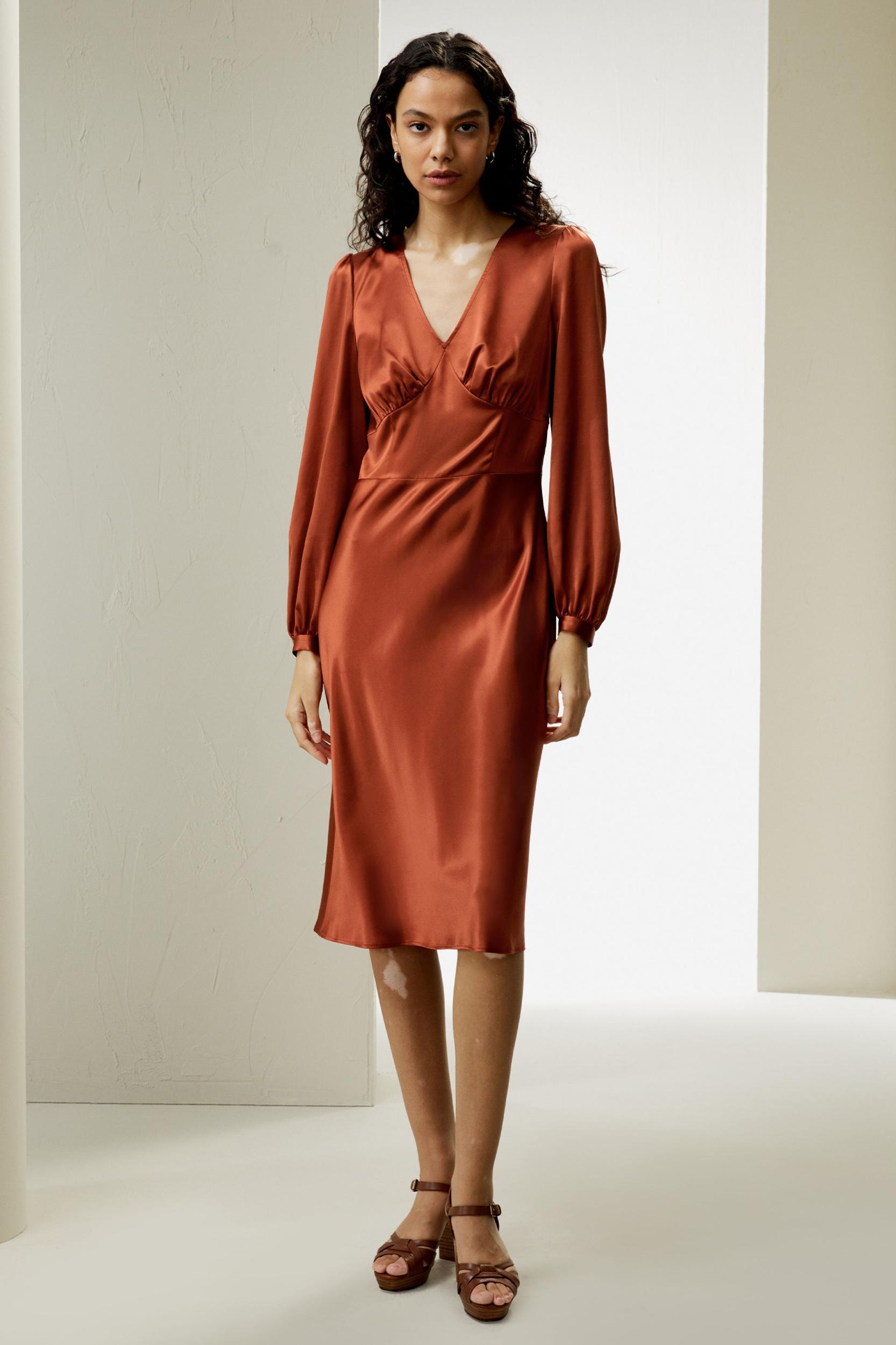 V-Neck Silk Waisted Dress Product Image