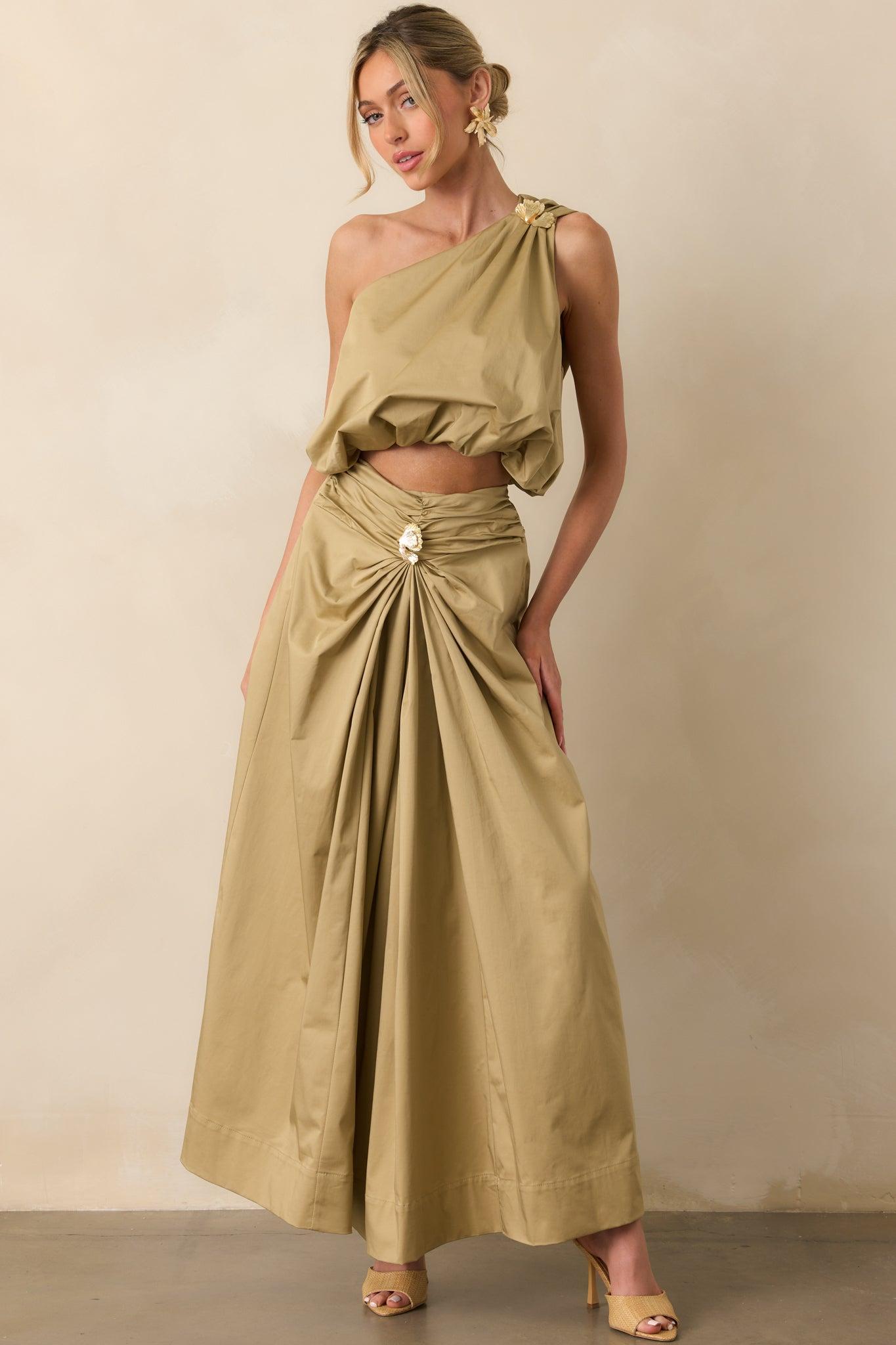 Get My Good Side Tan Ruched Drape Maxi Skirt Product Image