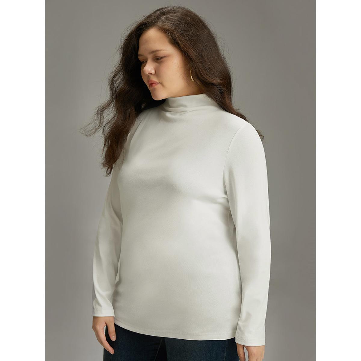 Plus Size Cotton Solid Mock Neck T-shirt White Women Casual Plain Plain Mock Neck Dailywear T-shirts BloomChic 18-20/2X Product Image