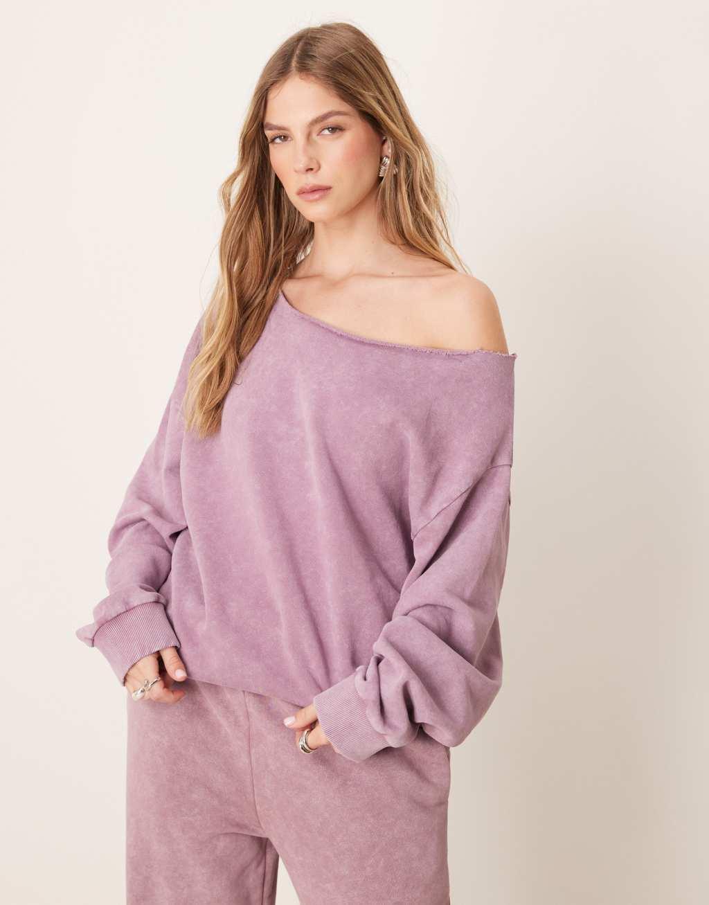 ASOS DESIGN off-shoulder sweatshirt in washed purple Product Image