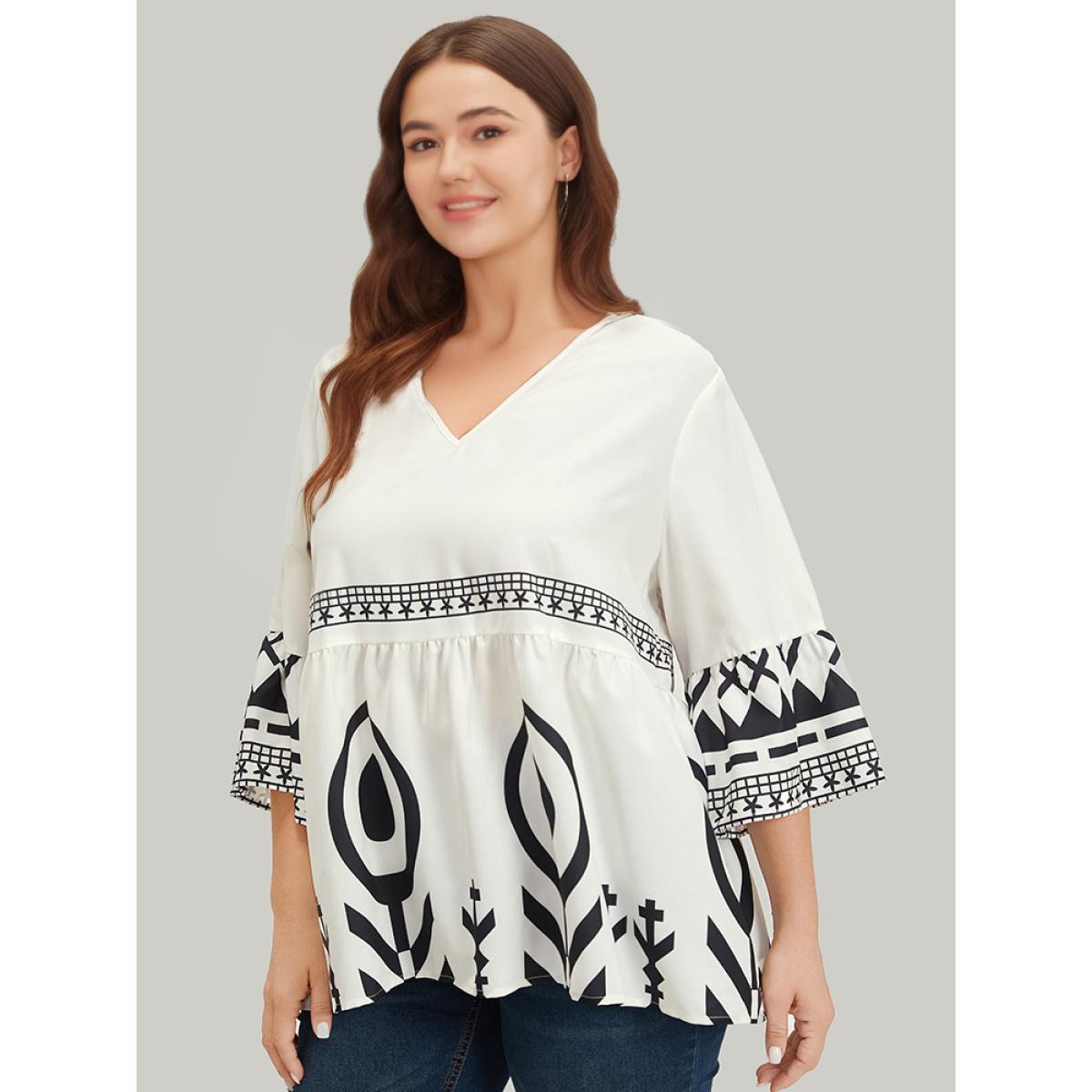 Plus Size Scarlet Silhouette Floral Print Bell Sleeve Ruffle Hem Blouse Women Vacation Elbow-length sleeve V-neck Dailywear Blouses BloomChic 10/M Product Image