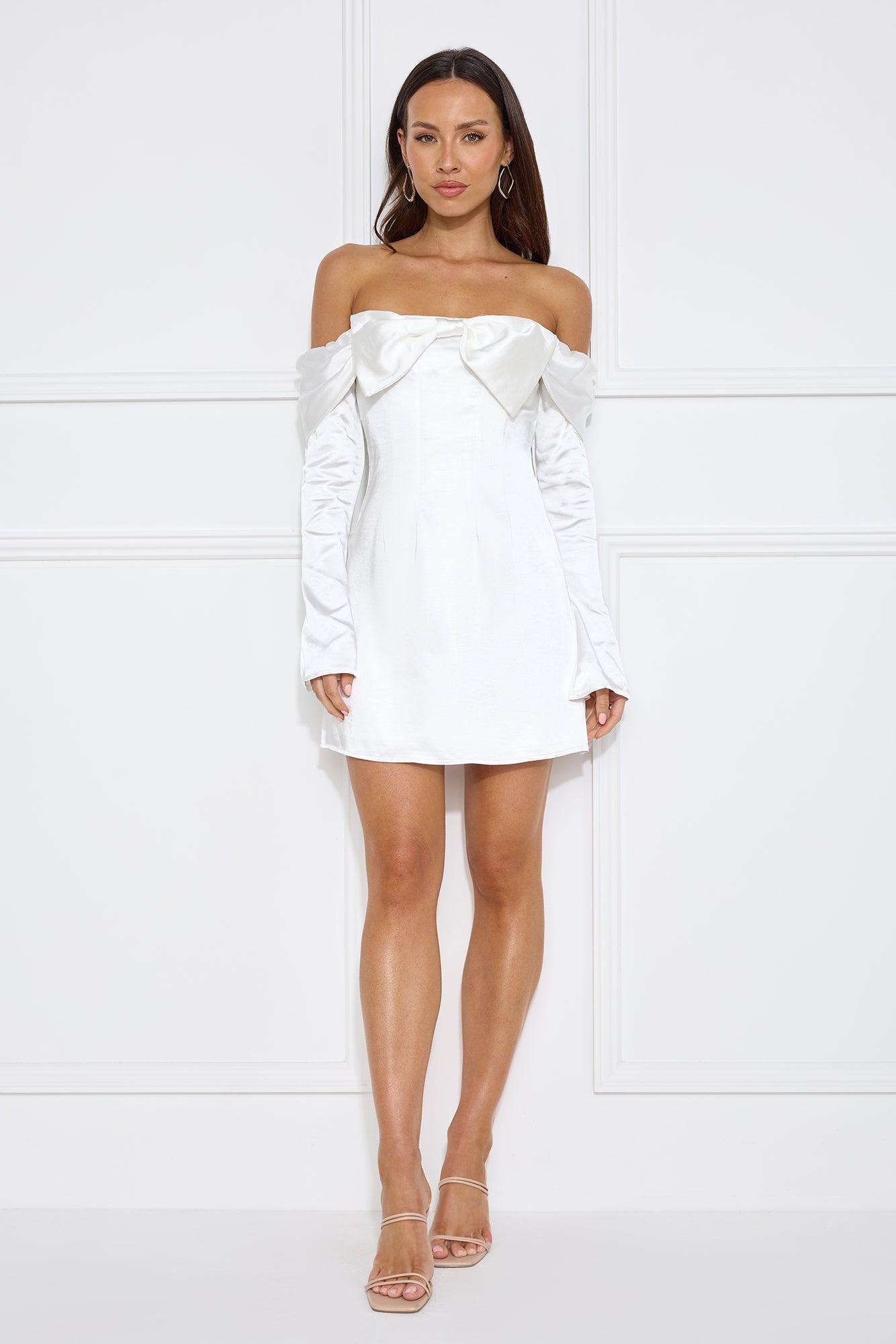 Delicacy Bow Satin Off Shoulder Mini Dress White Product Image