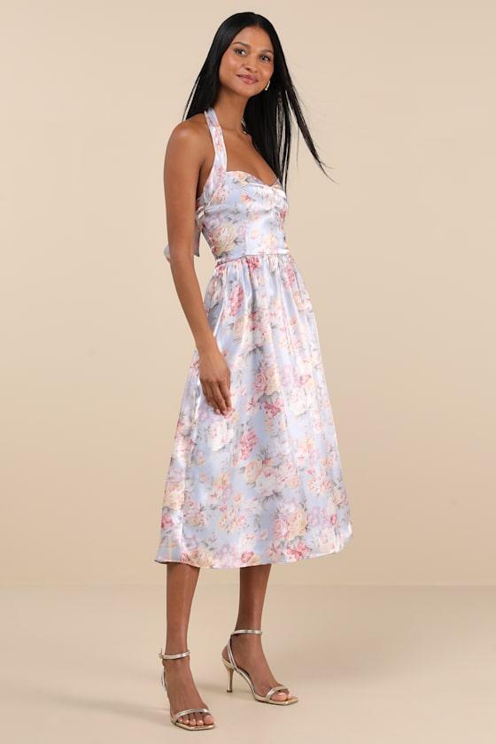 Briselda Light Blue Floral Organza Halter Midi Dress Product Image