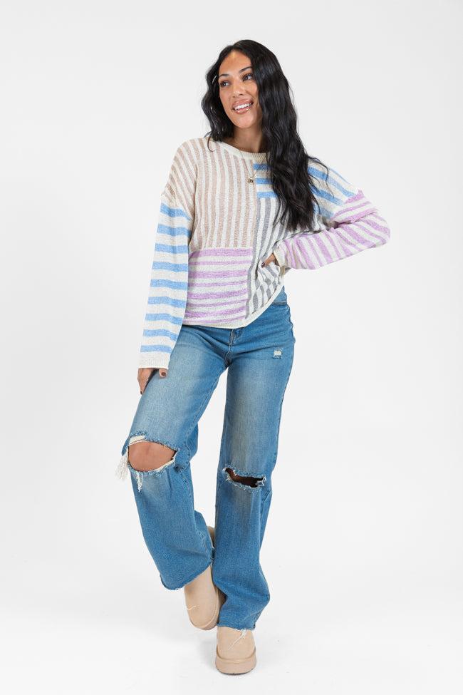 He Loves Me Taupe Multi Stripe Lightweight Sweater Product Image