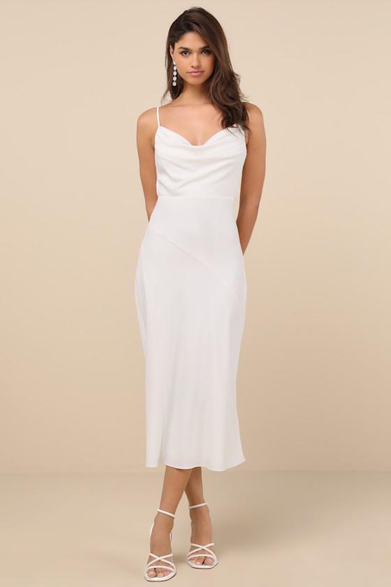 Caleigh Ivory Satin Backless Slip Midi Dress Product Image