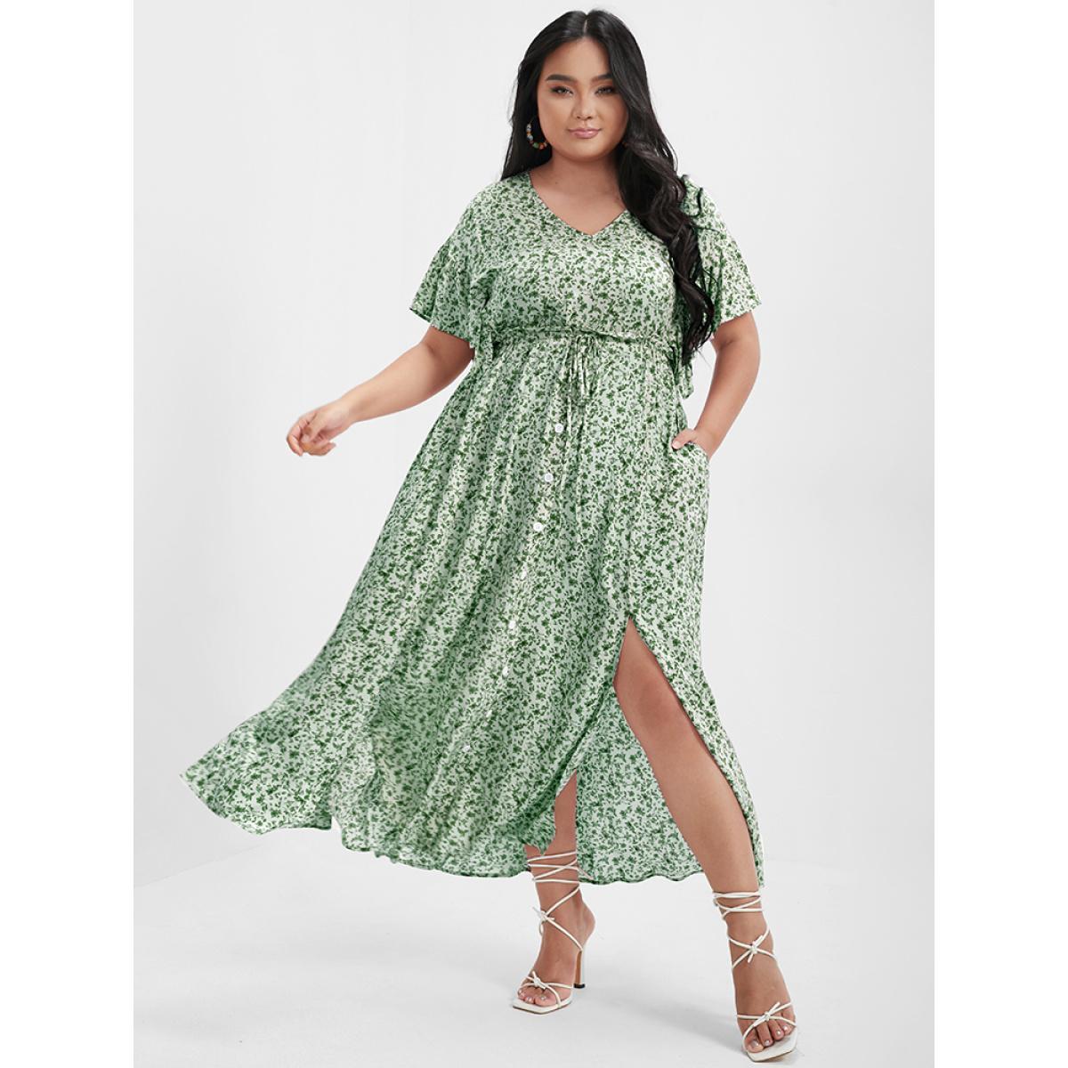 Plus Size Ditsy Floral Ruffles Pocket Button Split Maxi Dress LightGreen Women Elegant Printed V-neck Cap Sleeve Curvy Long Dress BloomChic 26/4X Product Image