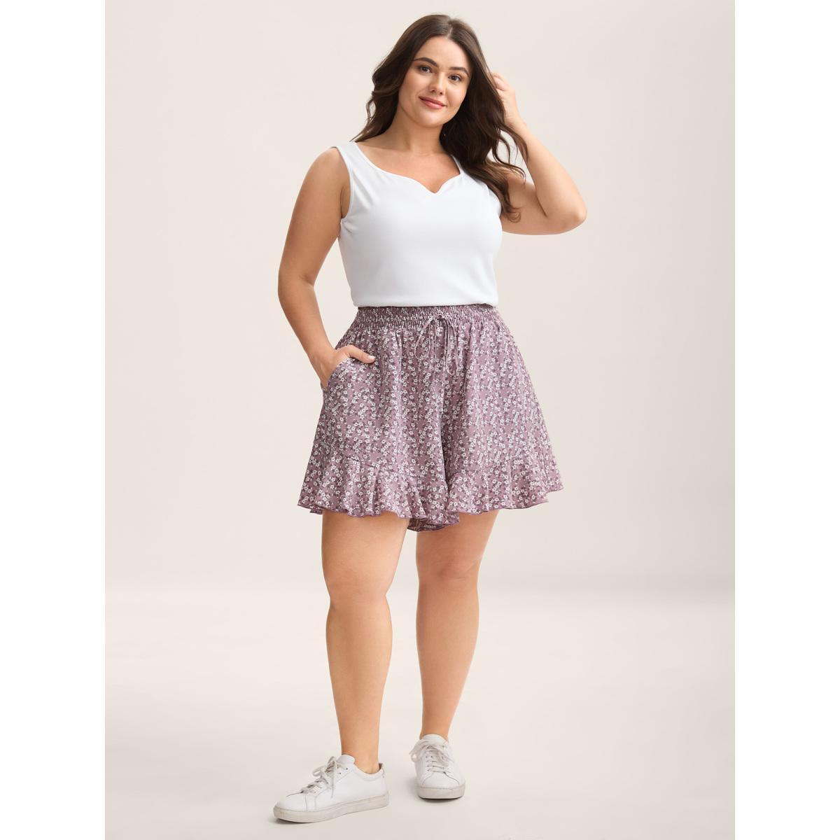 Plus Size Ditsy Floral Print Wide-Leg Shorts Women Lilac Casual Drawstring Wide Leg Everyday-Casual Shorts BloomChic 18-20/2X Product Image