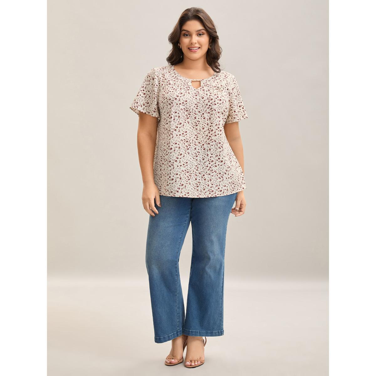 Plus Size Beige Ditsy Floral Print Lotus Leaf Sleeve Shirt Women Elegant Short sleeve Round Neck Everyday Blouses BloomChic 30/6X Product Image
