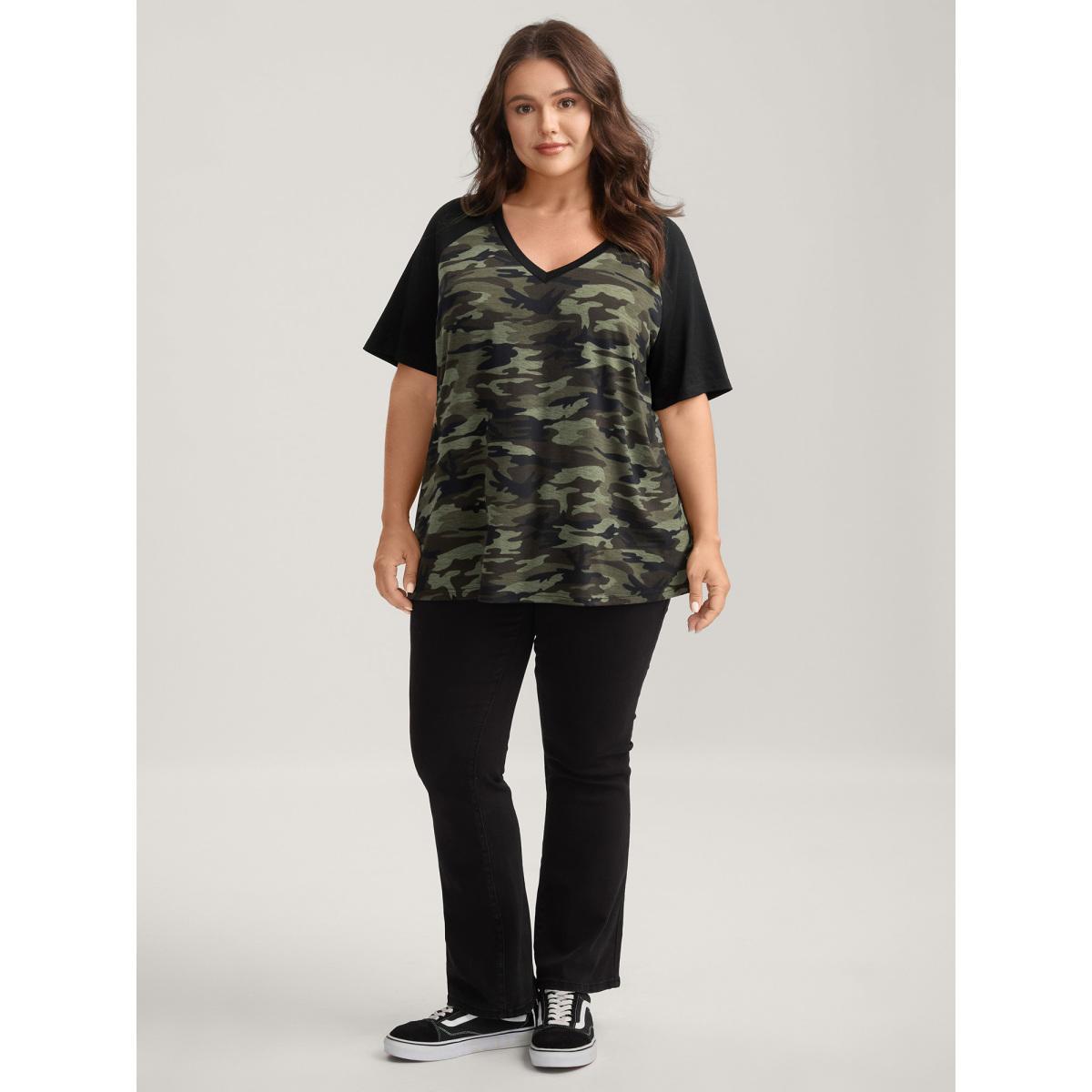 Plus Size Camouflage Print Raglan Sleeve T-Shirt ArmyGreen Women Contrast V-neck Everyday-Casual T-shirts BloomChic 28/5X Product Image