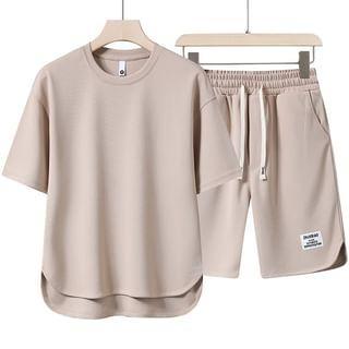 Set: Short-Sleeve Crew Neck Plain T-Shirt + Drawstring Waist Lettering Applique Sweat Shorts Product Image