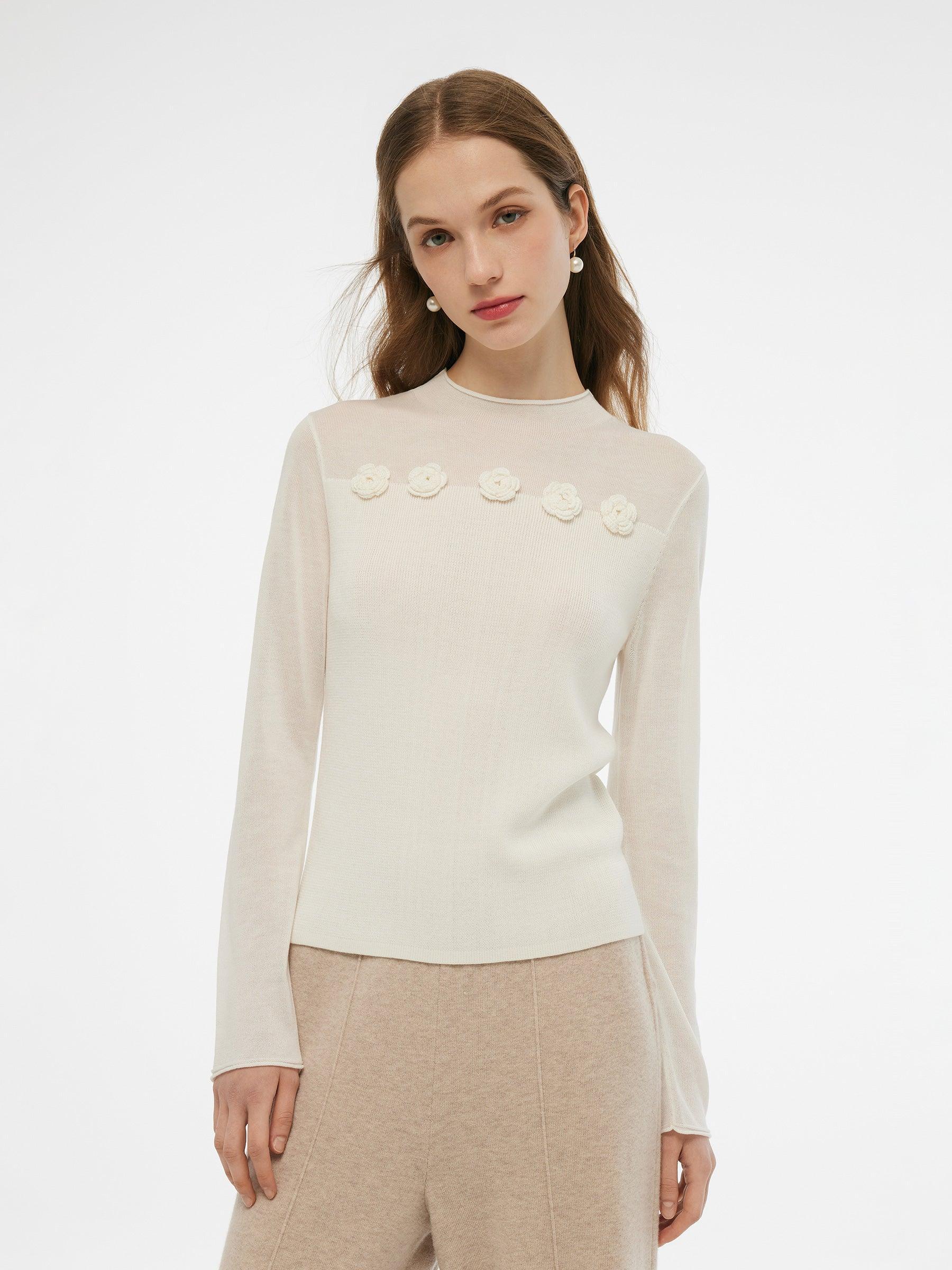 Tencel Wool Blend Women Flower Knit Top Product Image