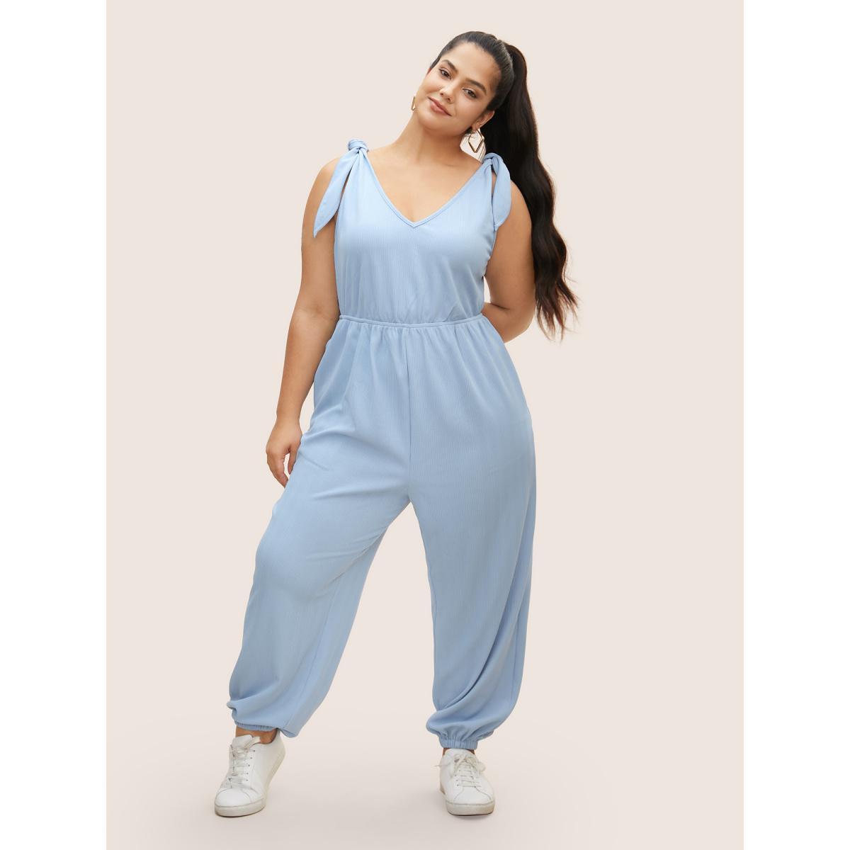 Plus Size LightBlue Solid Tie Knot Pit Strip Jumpsuit Women Casual Sleeveless V-neck Everyday Loose Jumpsuits BloomChic 12/L Product Image