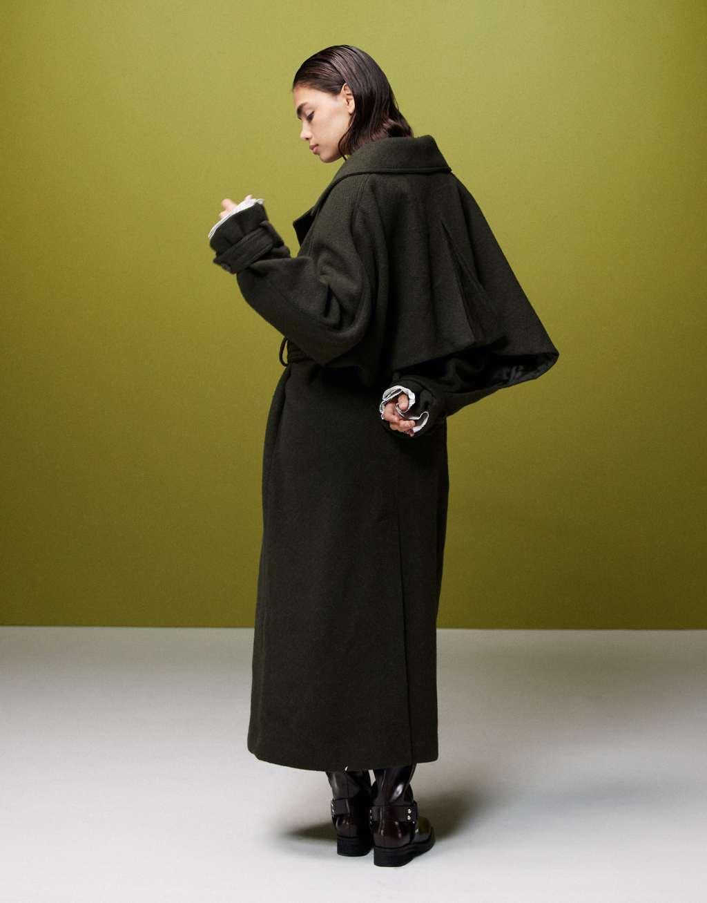 ASOS DESIGN cape detail longline coat in khaki Product Image