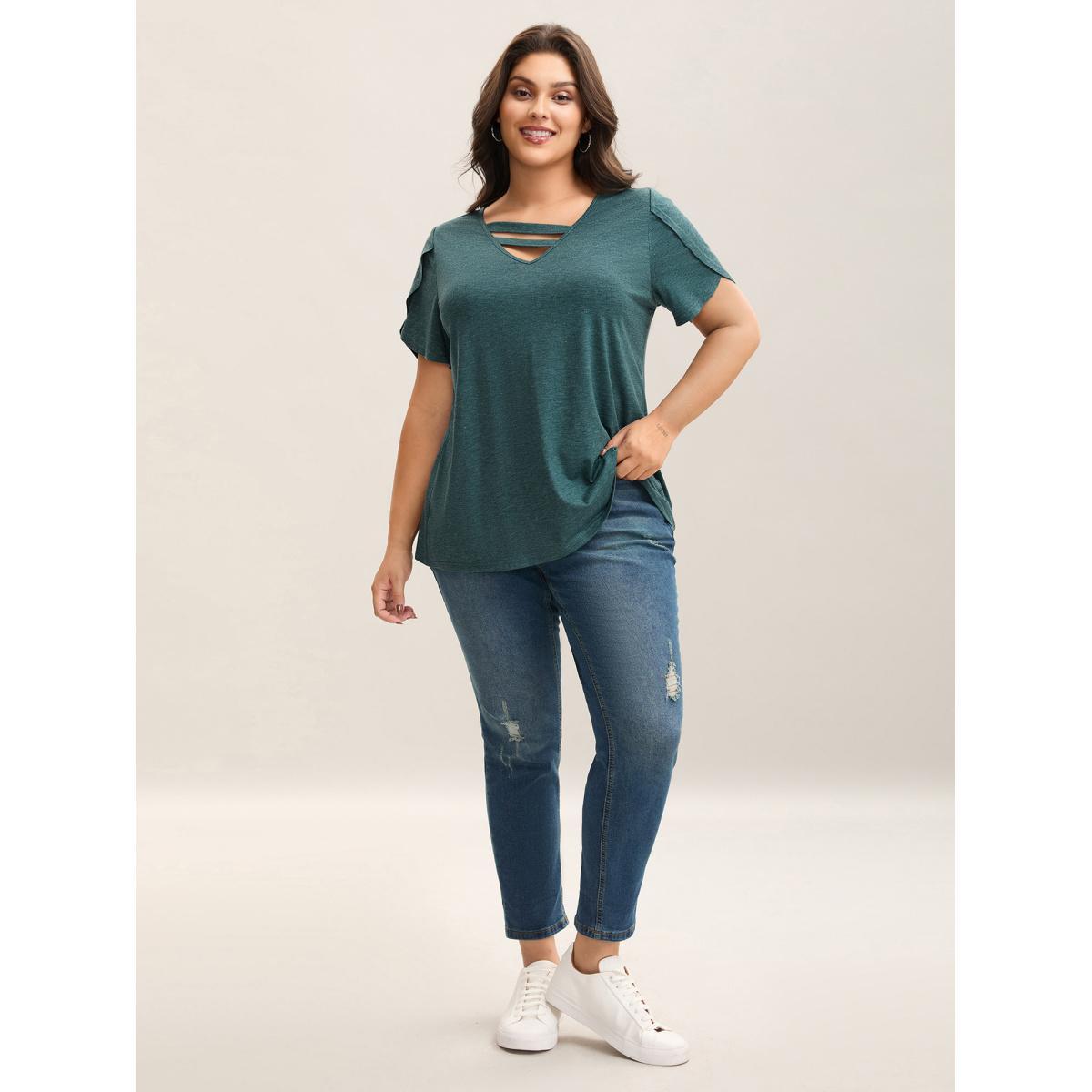 Plus Size Heather Stretchy Neck Cut-Out T-Shirt DarkGreen Women Casual Petal edge V-neck Everyday T-shirts BloomChic 28/5X Product Image