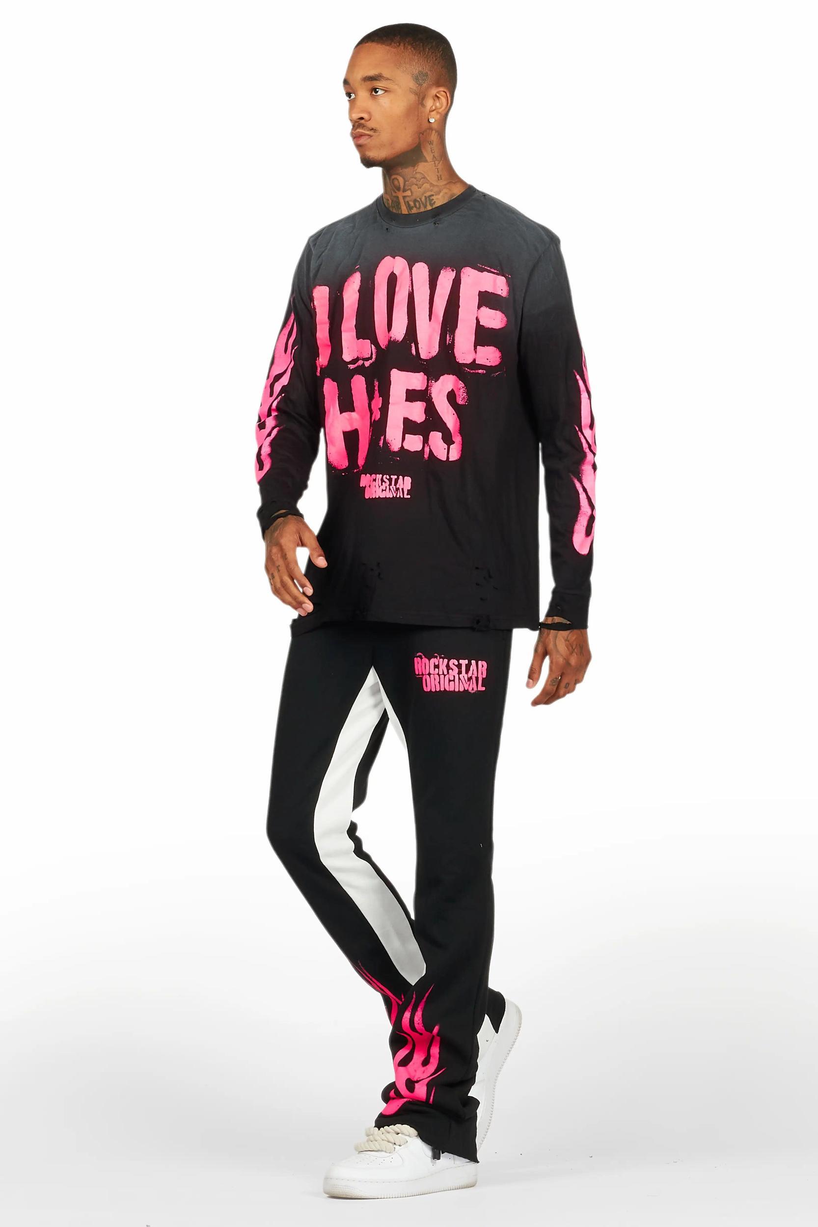 Banyan Black/Pink Long Sleeve T-Shirt/Stacked Baggy Track Pant Set Male Product Image