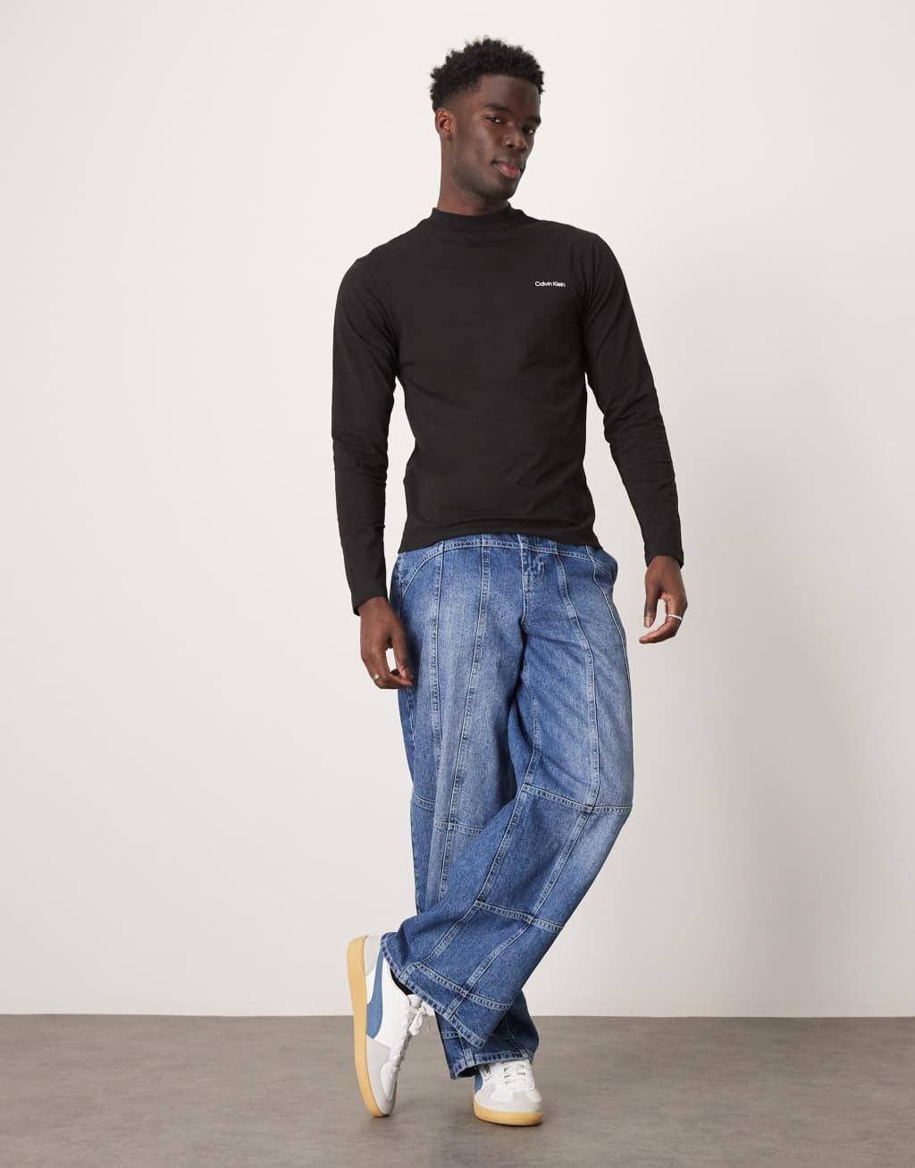 Calvin Klein micro logo long sleeve mock neck t-shirt in black Product Image