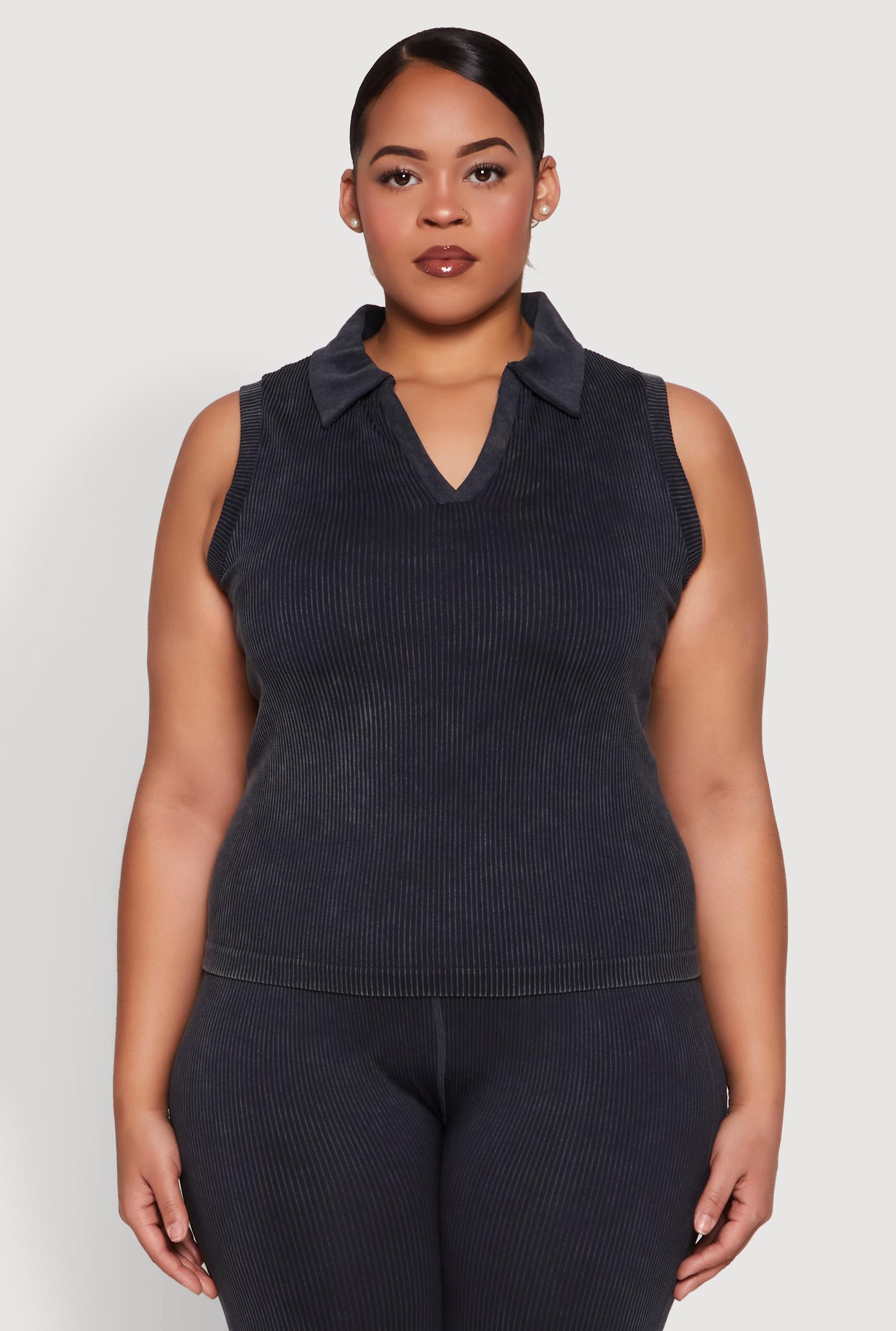 Womens Plus Size Mineral Wash Ribbed Knit Johnny Collar Top Product Image