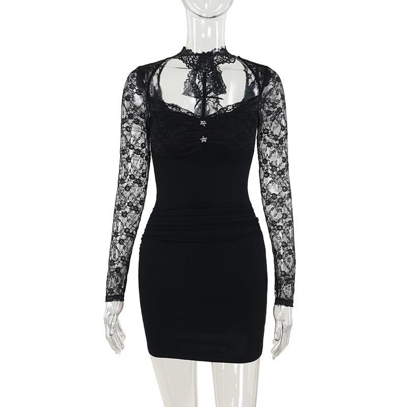 Long-Sleeve Halter Cutout Floral Lace Panel Mini Sheath Dress Product Image