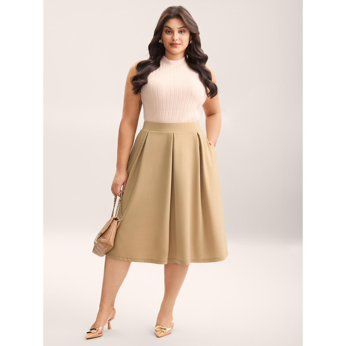 Plus Size Plain Stretchy Waist Pleated Midi Skirt Women Champagne At the Office Pleated Medium stretch Side seam pocket Work Skirts BloomChic 12/L Product Image