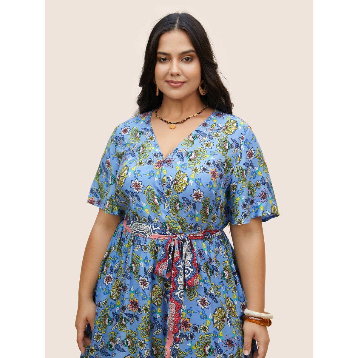 Plus Size Rayon Boho Print Overlap Collar Dress Mediumblue Women Resort Belted Overlap Collar Short sleeve Curvy BloomChic 22-24/3X Product Image