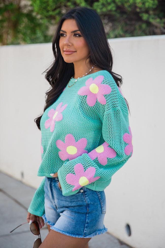 Follow You Around Mint And Pink Flower Embroidered Sweater FINAL SALE Product Image
