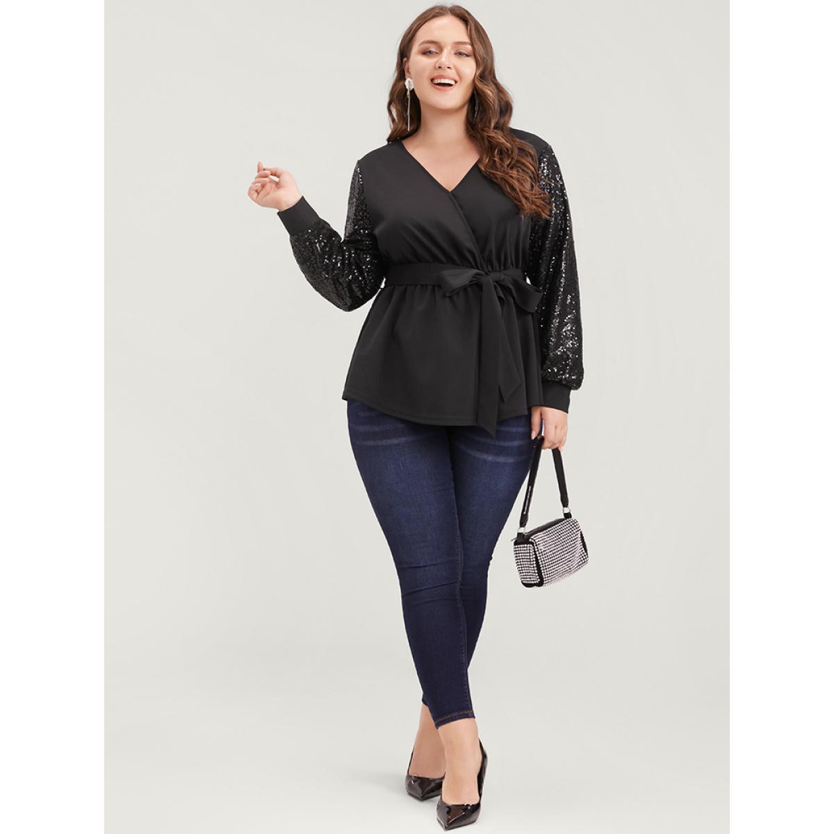 Plus Size Black Solid Sequin Belted Surplice Neck Blouse Women Party Long Sleeve V-neck Going out Blouses BloomChic 12/L Product Image